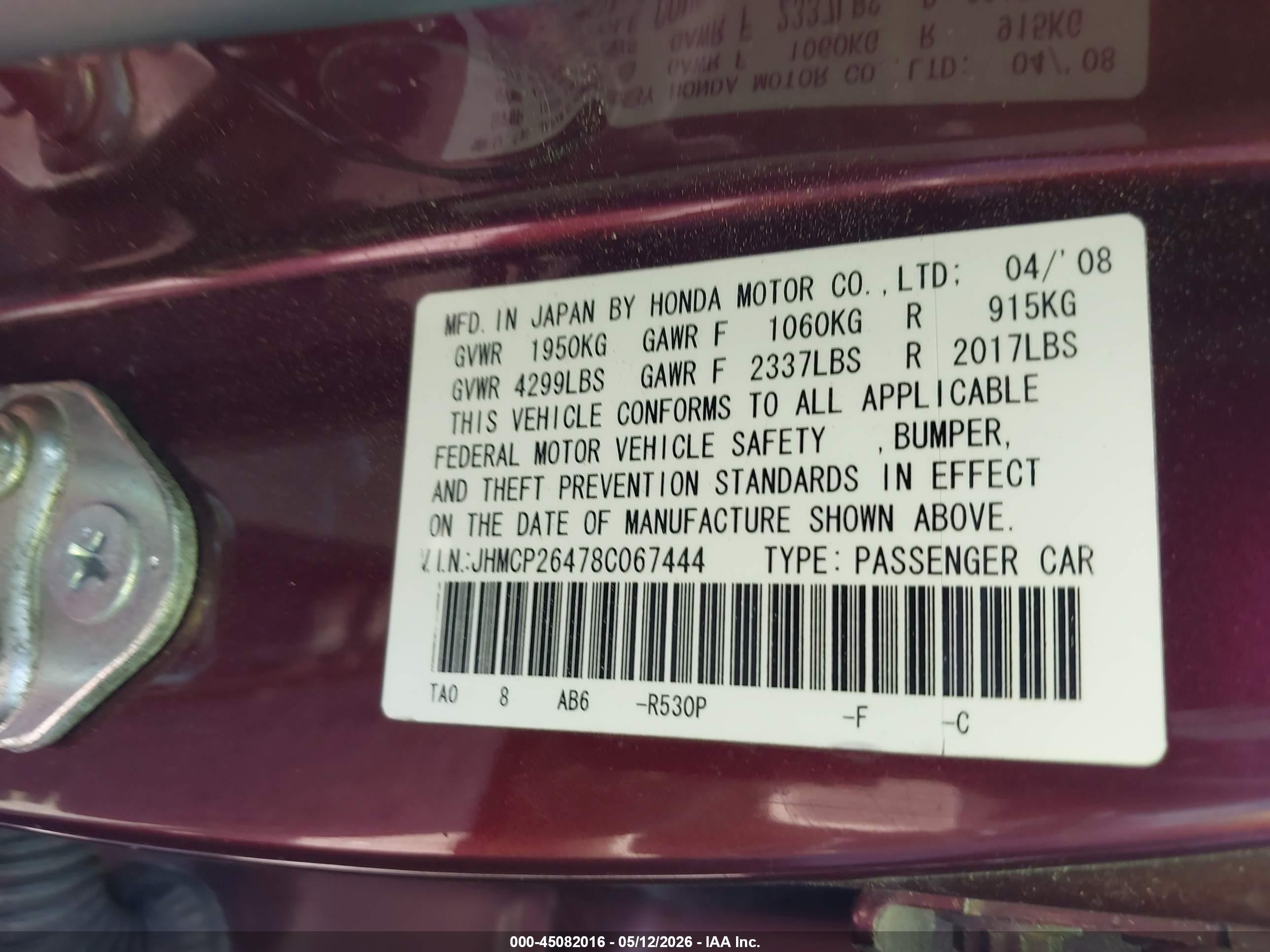 2008 Honda Accord 2.4 Lx-p Red vin: JHMCP26478C067444