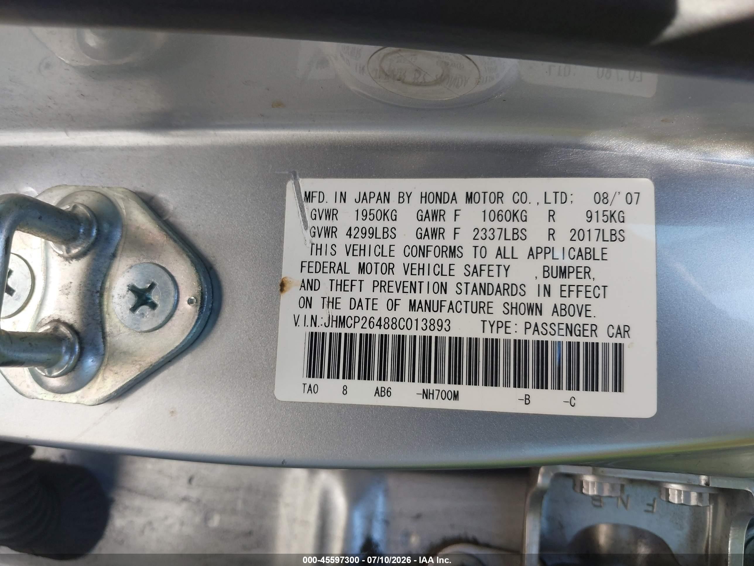 2008 Honda Accord 2.4 Lx-p Silver vin: JHMCP26488C013893