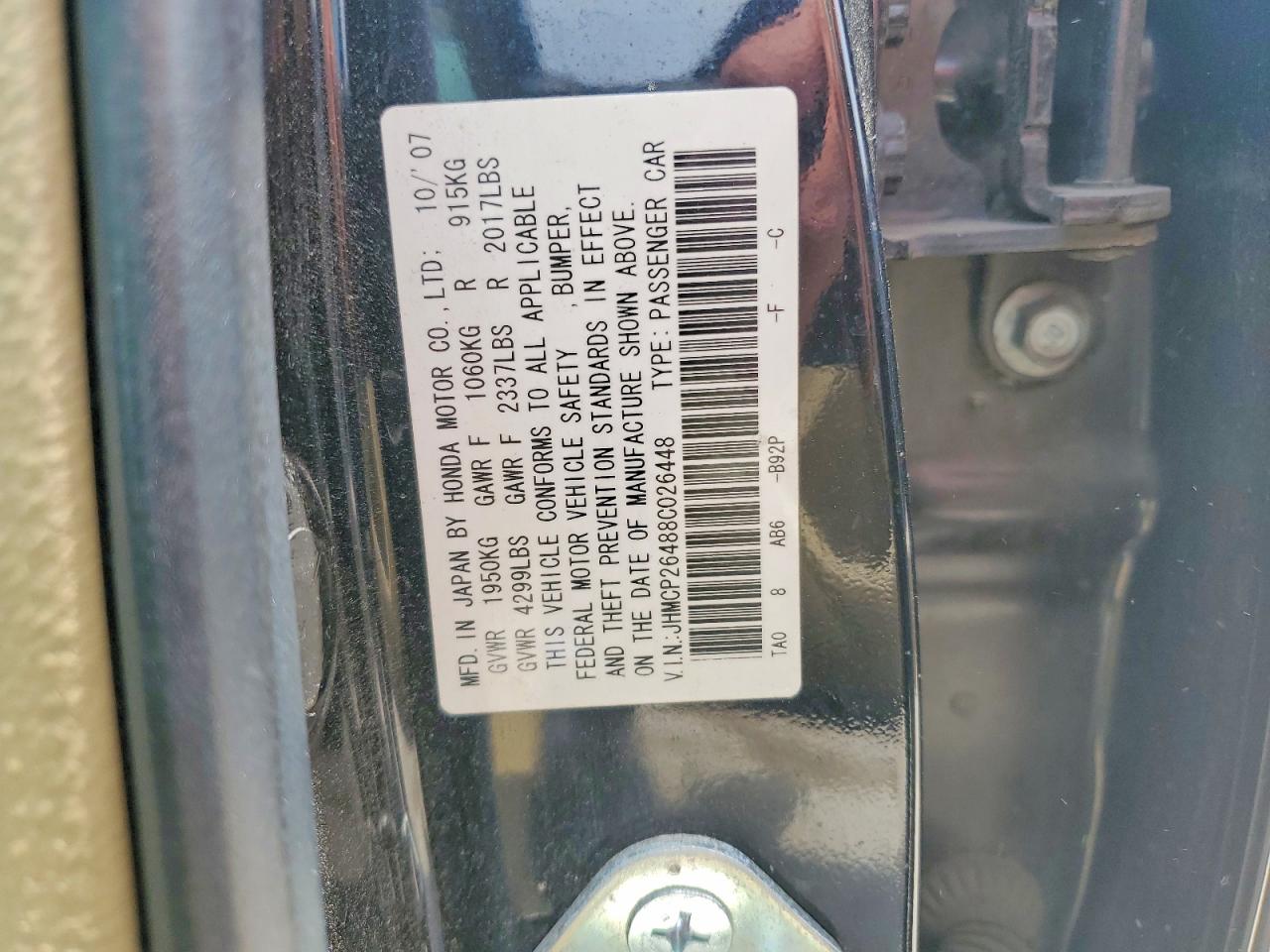 2008 Honda Accord Lxp Black vin: JHMCP26488C026448