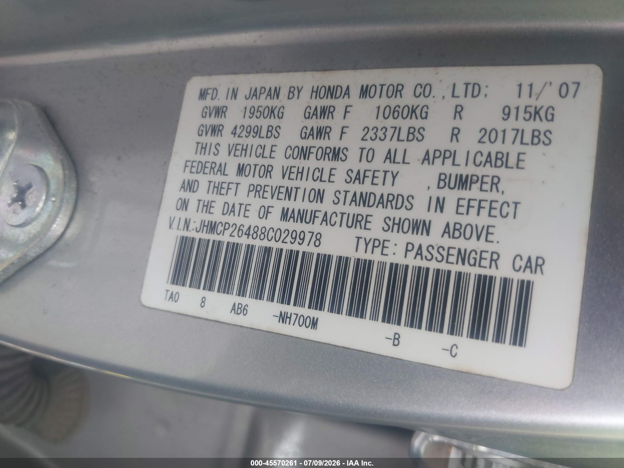 2008 Honda Accord 2.4 Lx-p Silver vin: JHMCP26488C029978