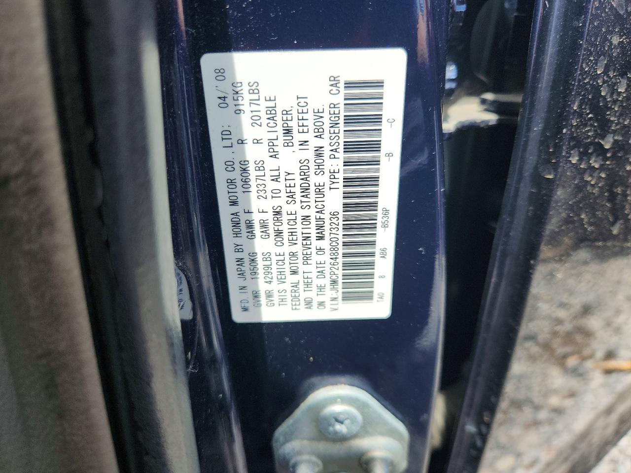 2008 Honda Accord Lxp Blue vin: JHMCP26488C073236