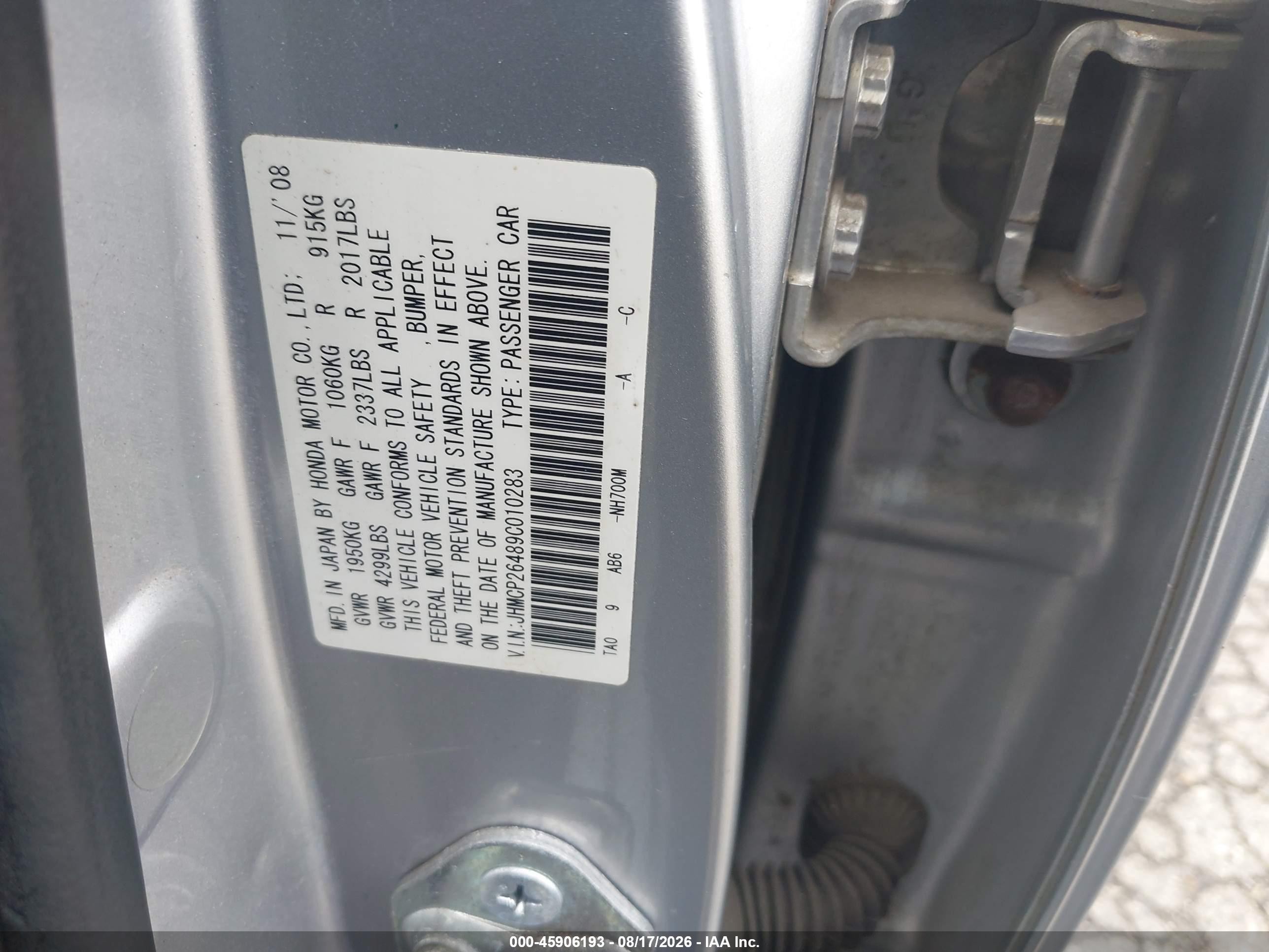 2009 Honda Accord 2.4 Lx-p Silver vin: JHMCP26489C010283