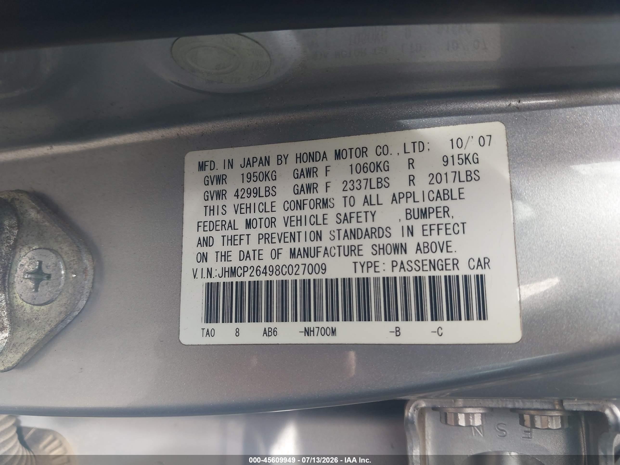 2008 Honda Accord 2.4 Lx-p Silver vin: JHMCP26498C027009