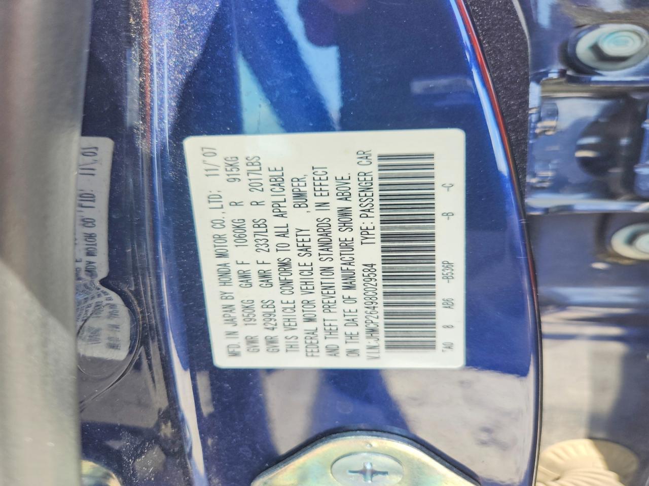 2008 Honda Accord Lxp Blue vin: JHMCP26498C029584