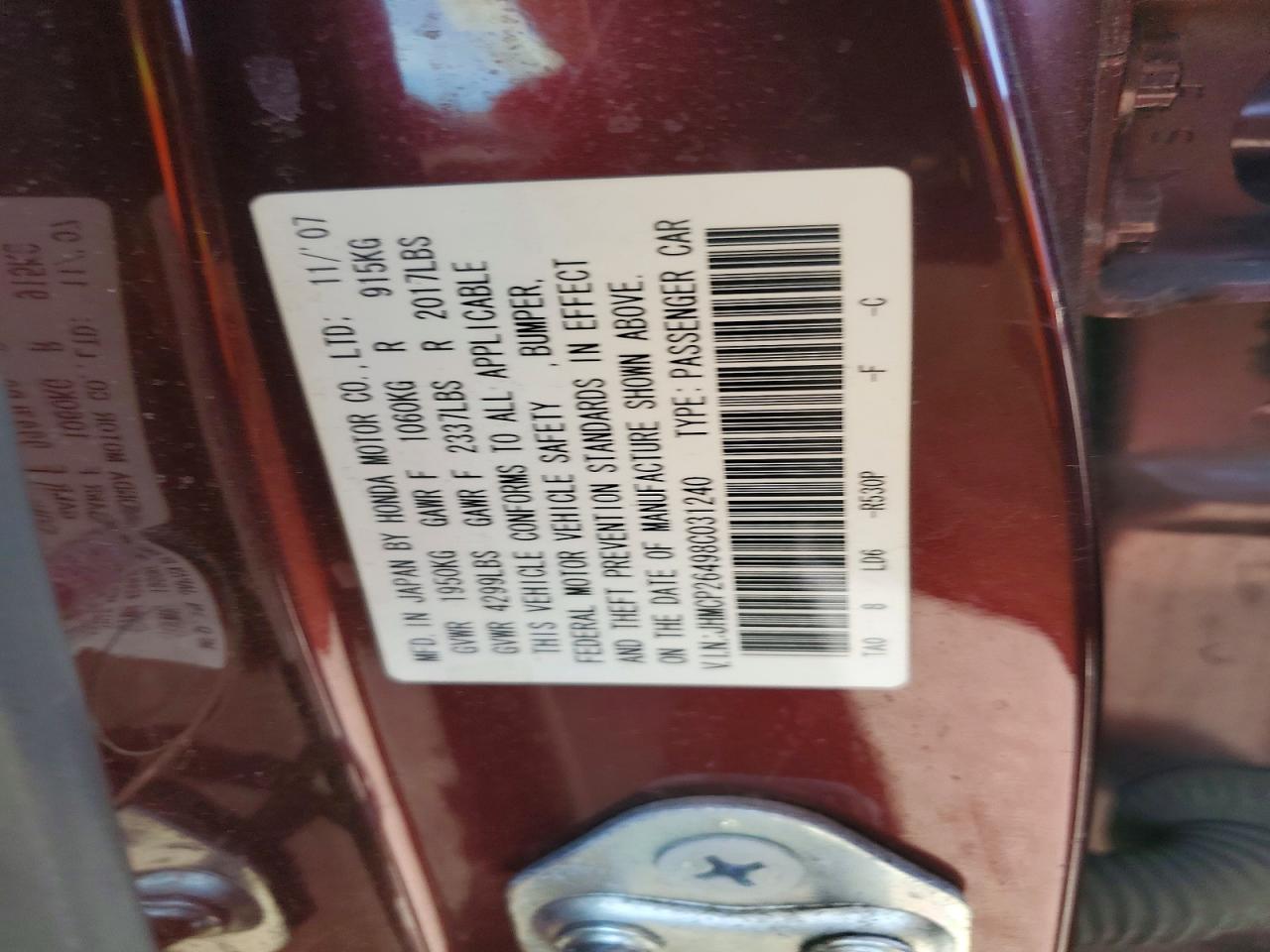 2008 Honda Accord Lxp Burgundy vin: JHMCP26498C031240