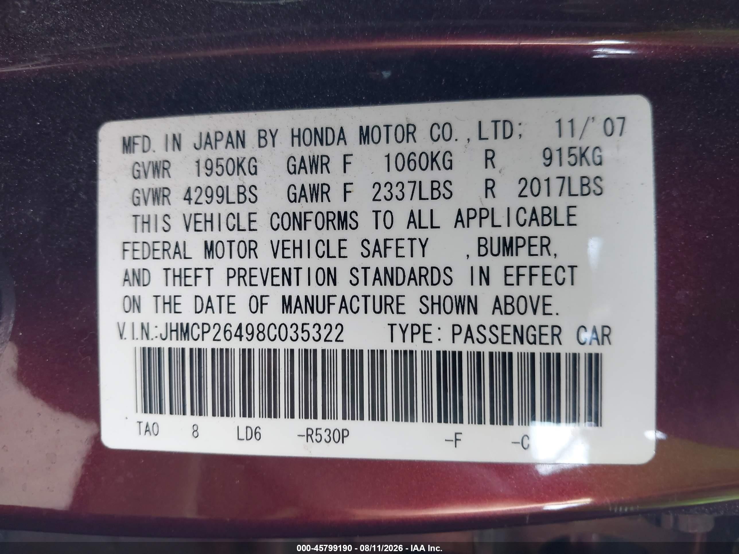 2008 Honda Accord 2.4 Lx-p Purple vin: JHMCP26498C035322
