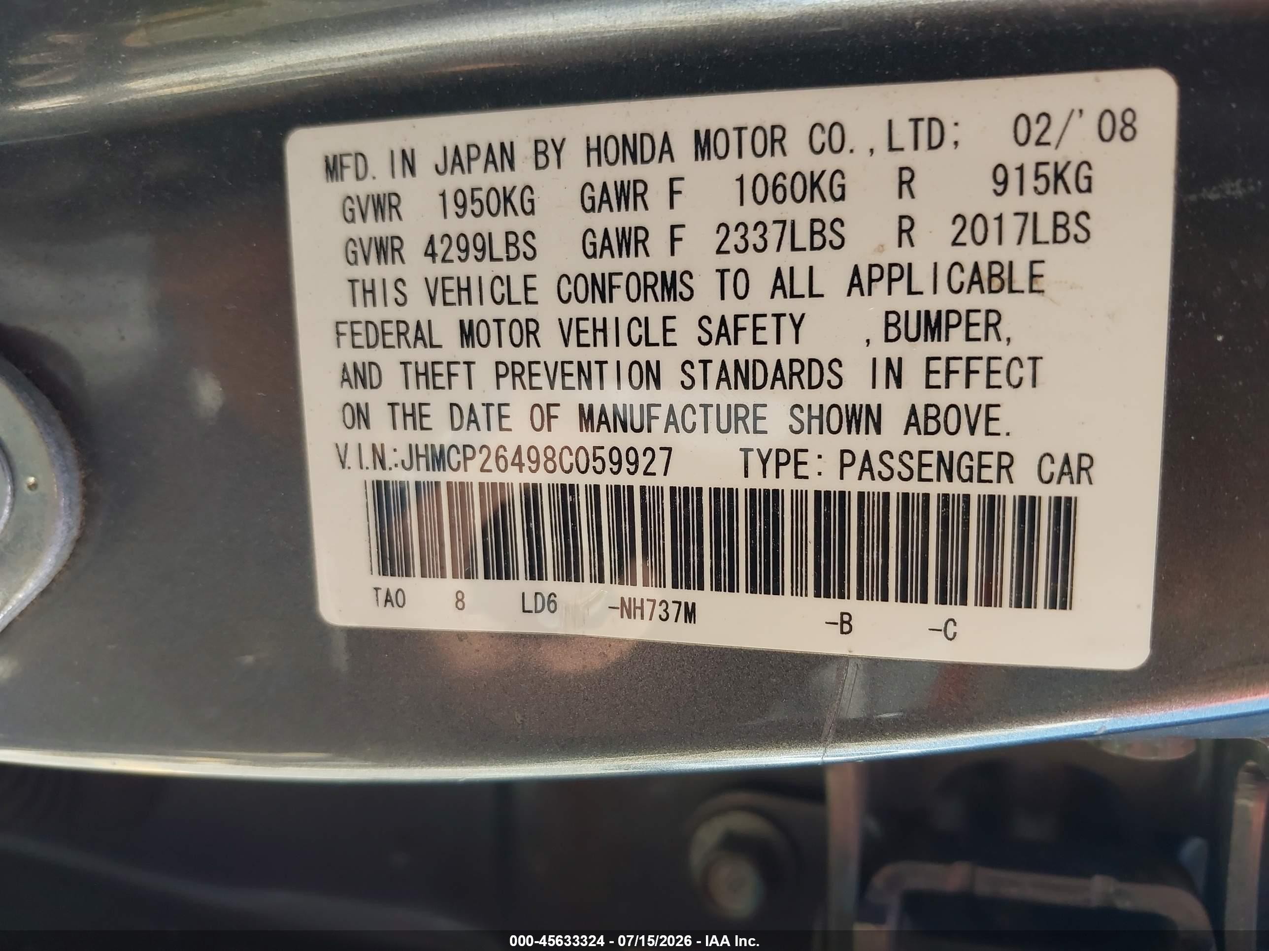2008 Honda Accord 2.4 Lx-p Gray vin: JHMCP26498C059927
