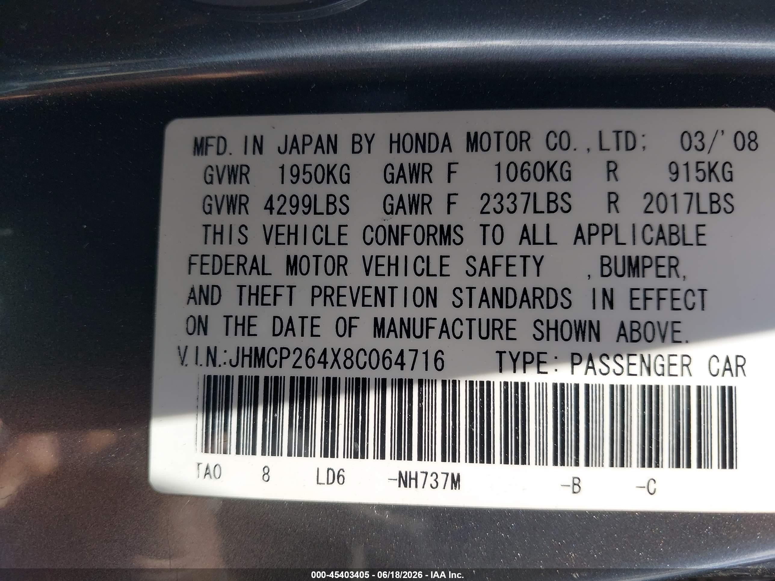 2008 Honda Accord 2.4 Lx-p Gray vin: JHMCP264X8C064716