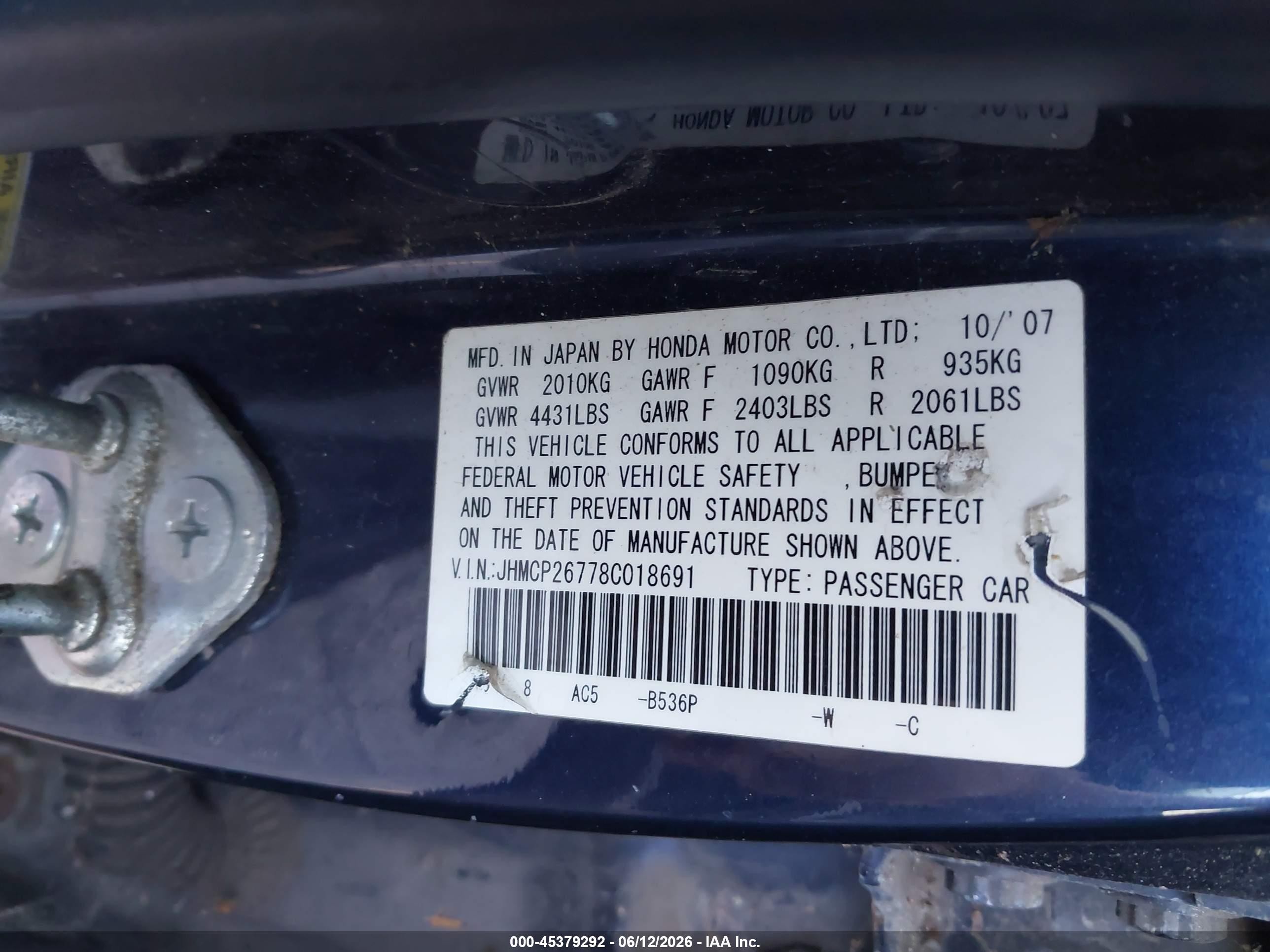 2008 Honda Accord 2.4 Ex Blue vin: JHMCP26778C018691