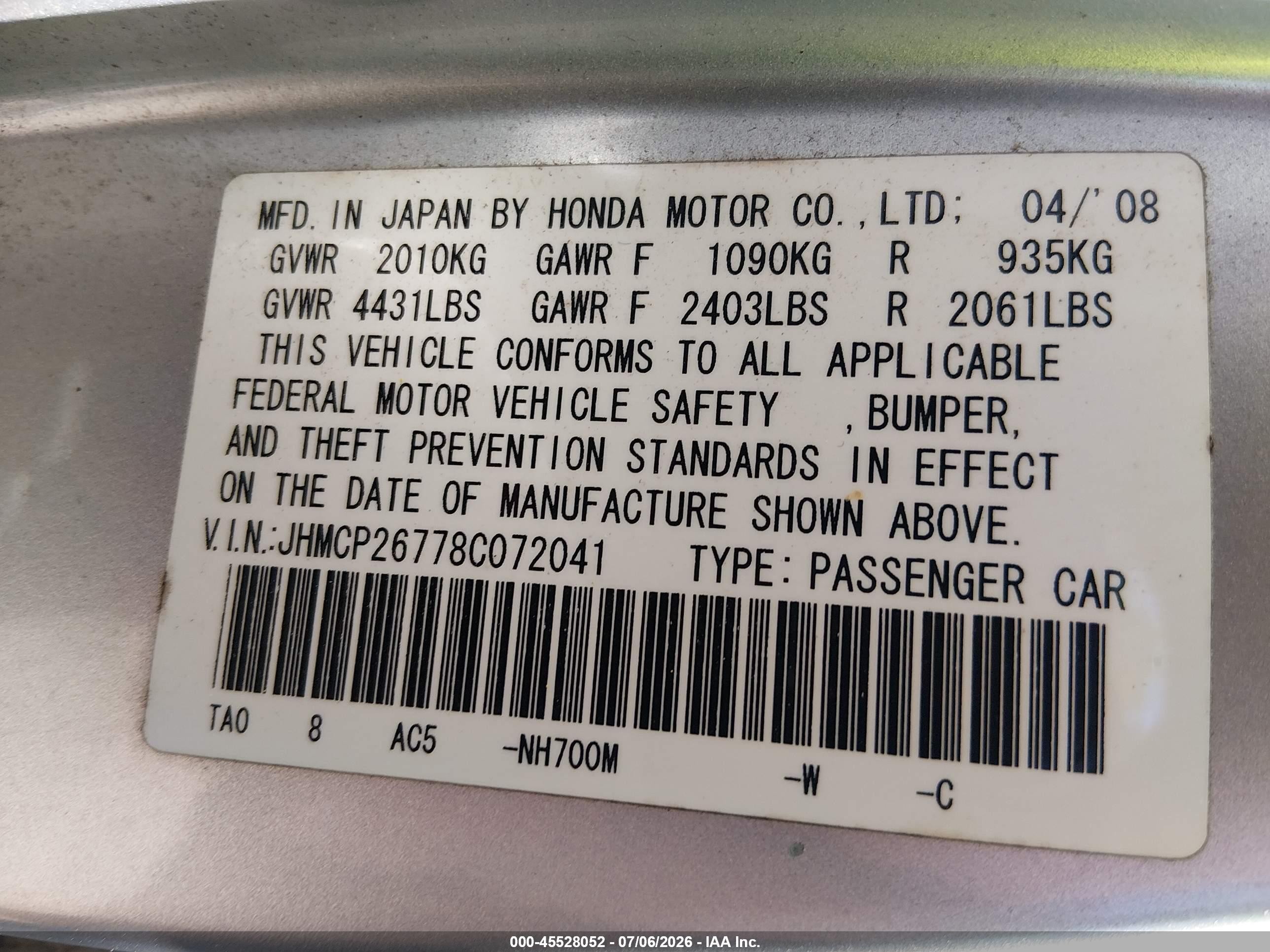 2008 Honda Accord 2.4 Ex Silver vin: JHMCP26778C072041