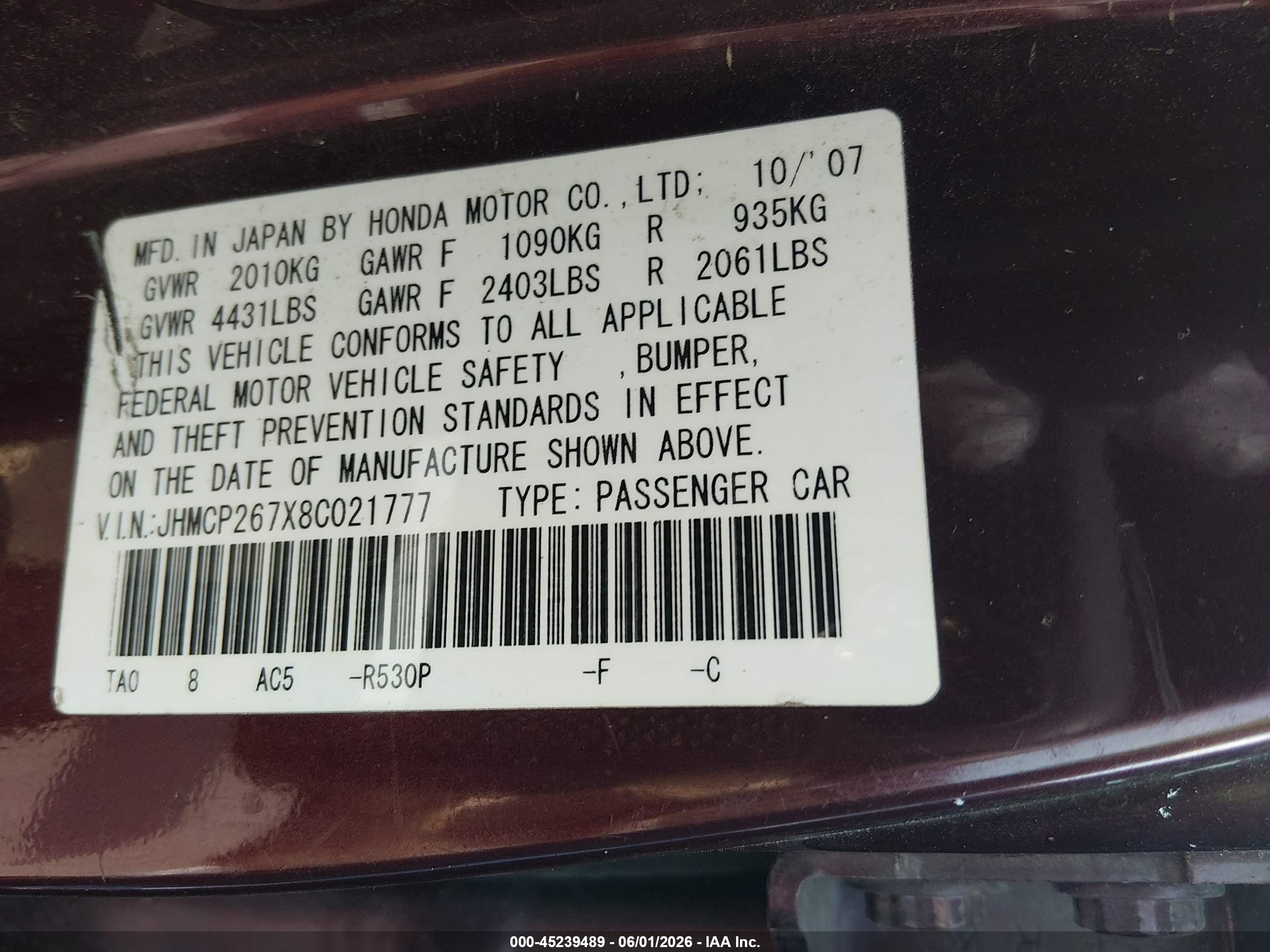 2008 Honda Accord 2.4 Ex Maroon vin: JHMCP267X8C021777
