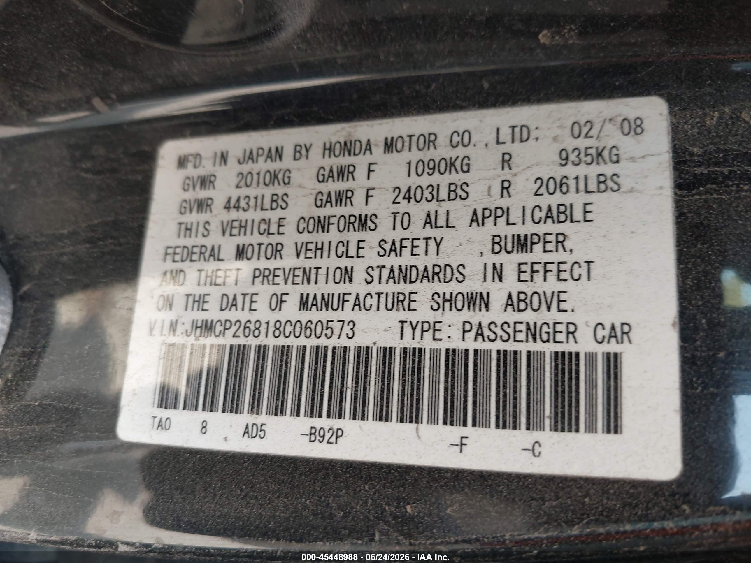 2008 Honda Accord 2.4 Ex-l Black vin: JHMCP26818C060573