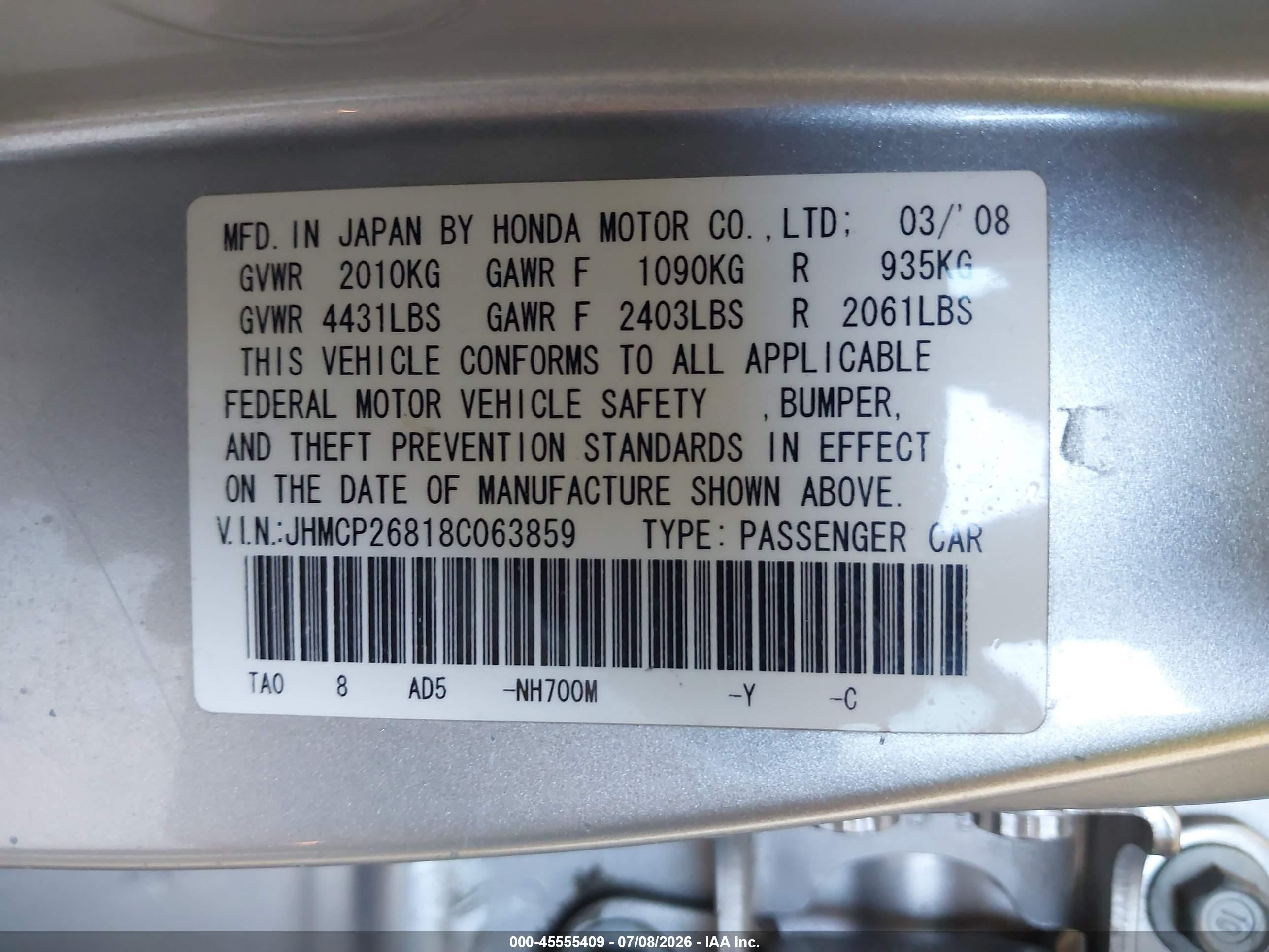 2008 Honda Accord 2.4 Ex-l Silver vin: JHMCP26818C063859