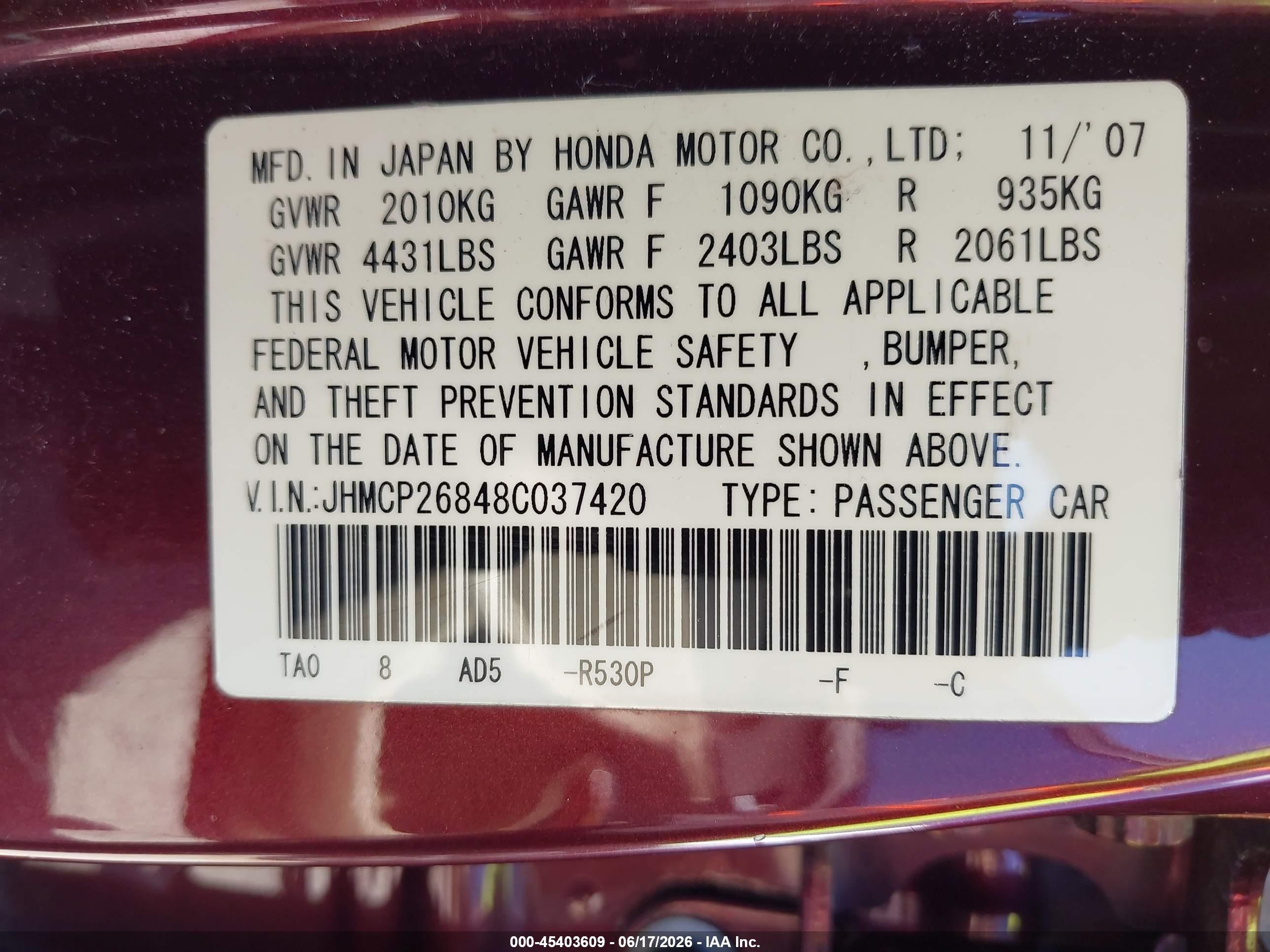 2008 Honda Accord 2.4 Ex-l Burgundy vin: JHMCP26848C037420