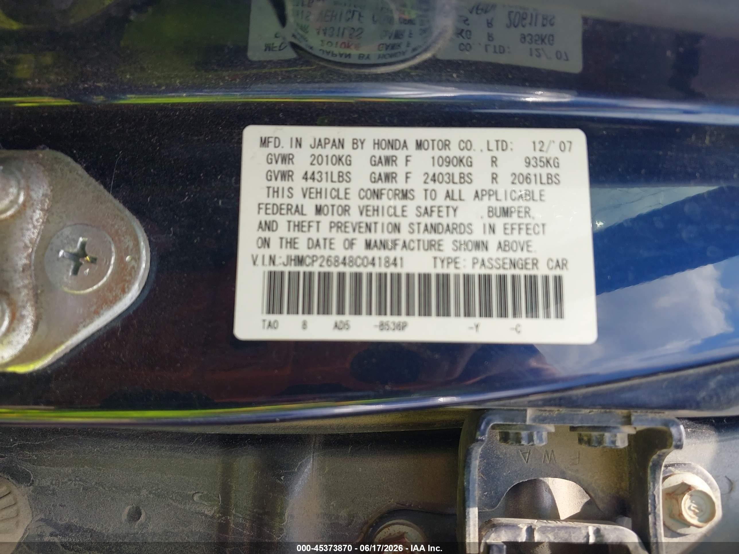 2008 Honda Accord 2.4 Ex-l Dark Blue vin: JHMCP26848C041841