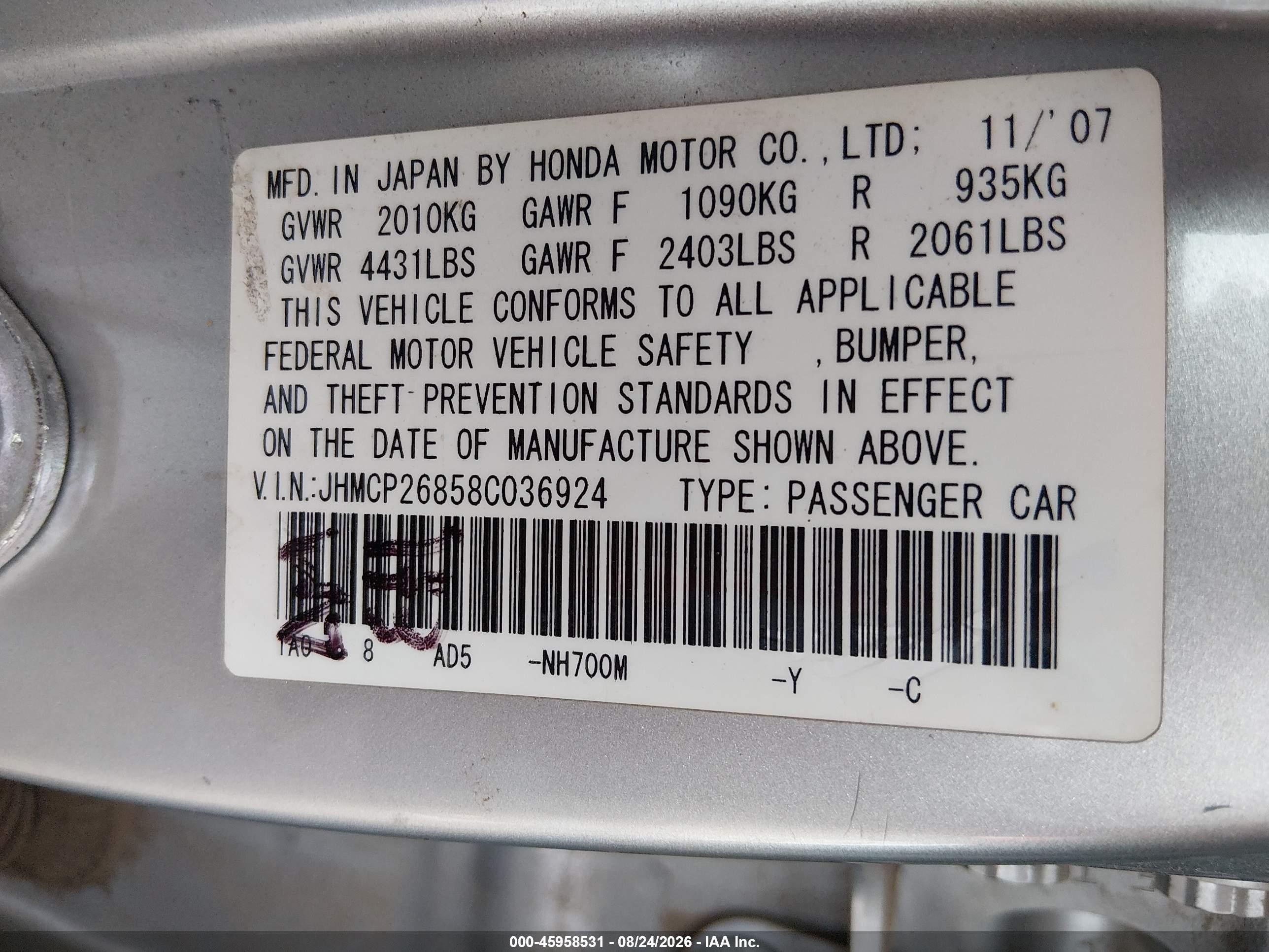 2008 Honda Accord 2.4 Ex-l Gray vin: JHMCP26858C036924