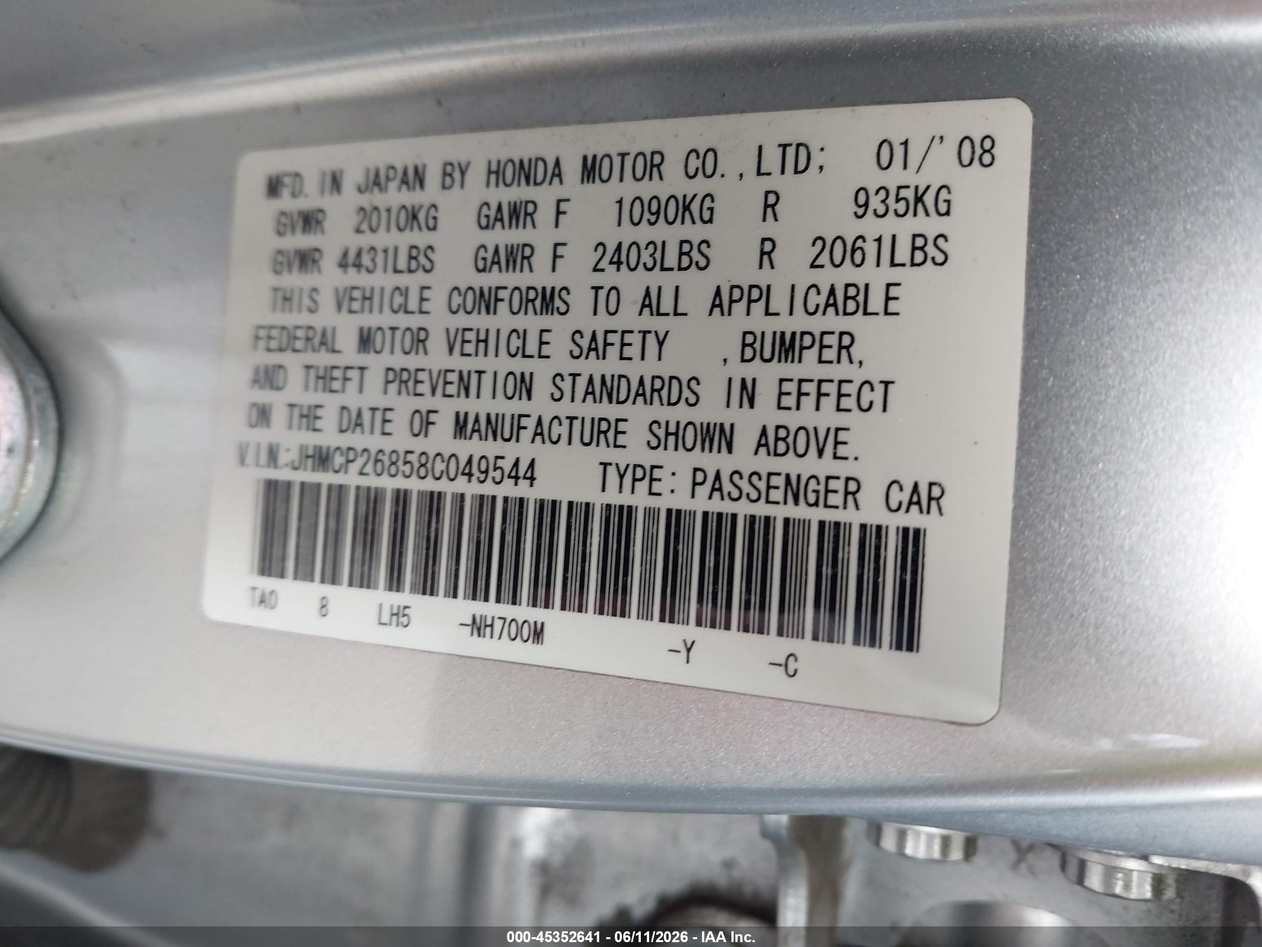 2008 Honda Accord 2.4 Ex-l Gray vin: JHMCP26858C049544
