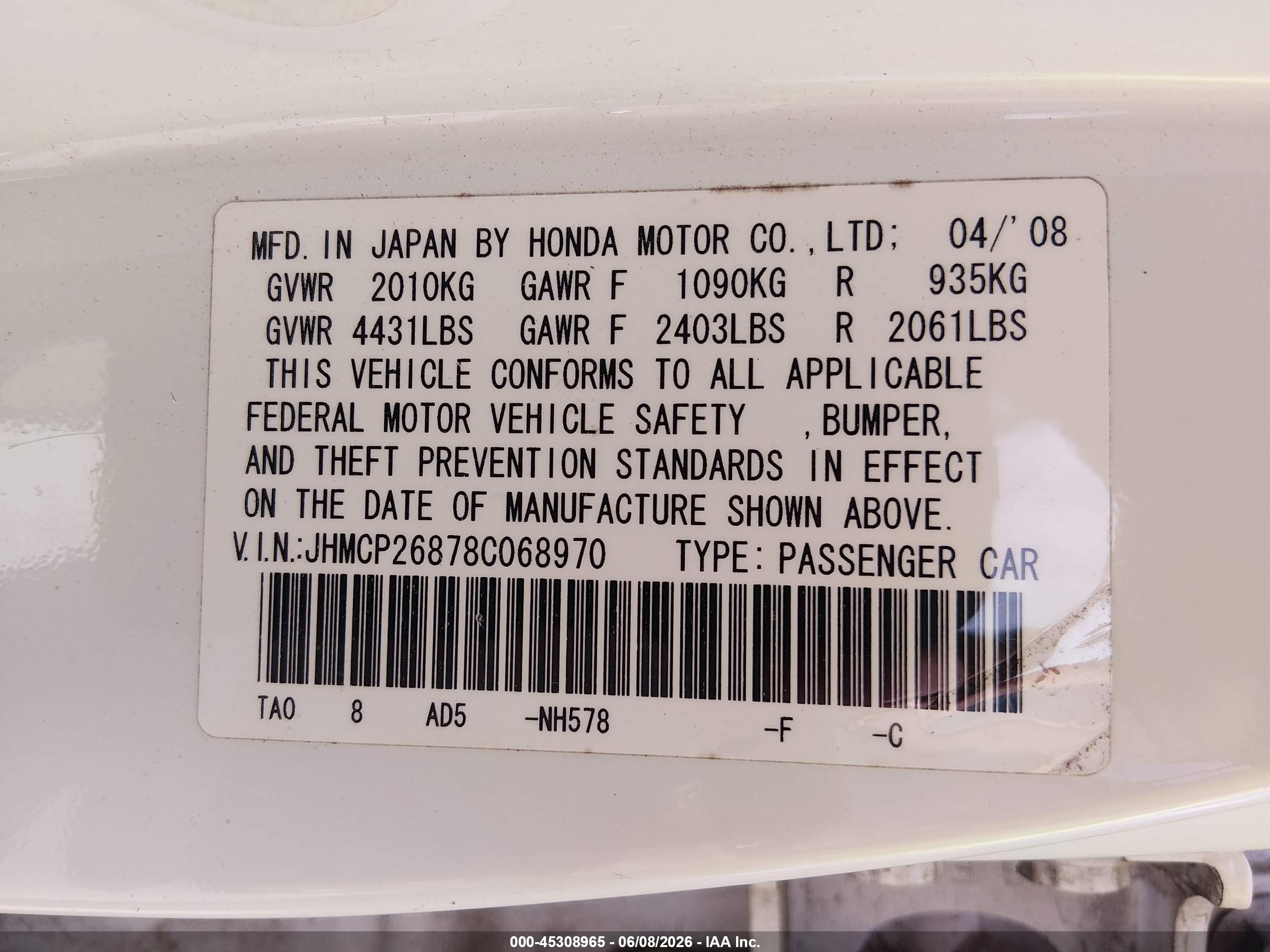 2008 Honda Accord 2.4 Ex-l White vin: JHMCP26878C068970