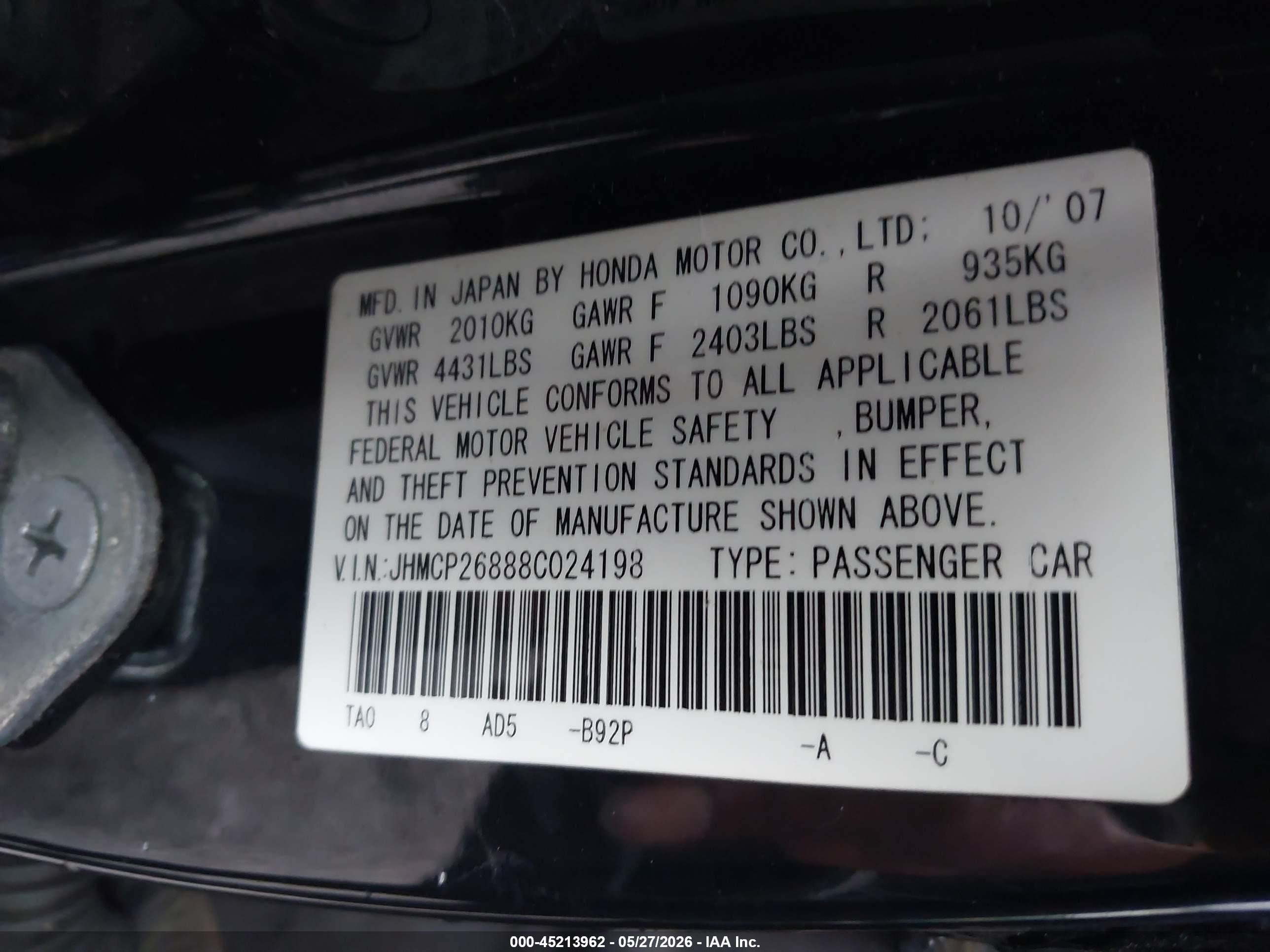 2008 Honda Accord 2.4 Ex-l Black vin: JHMCP26888C024198