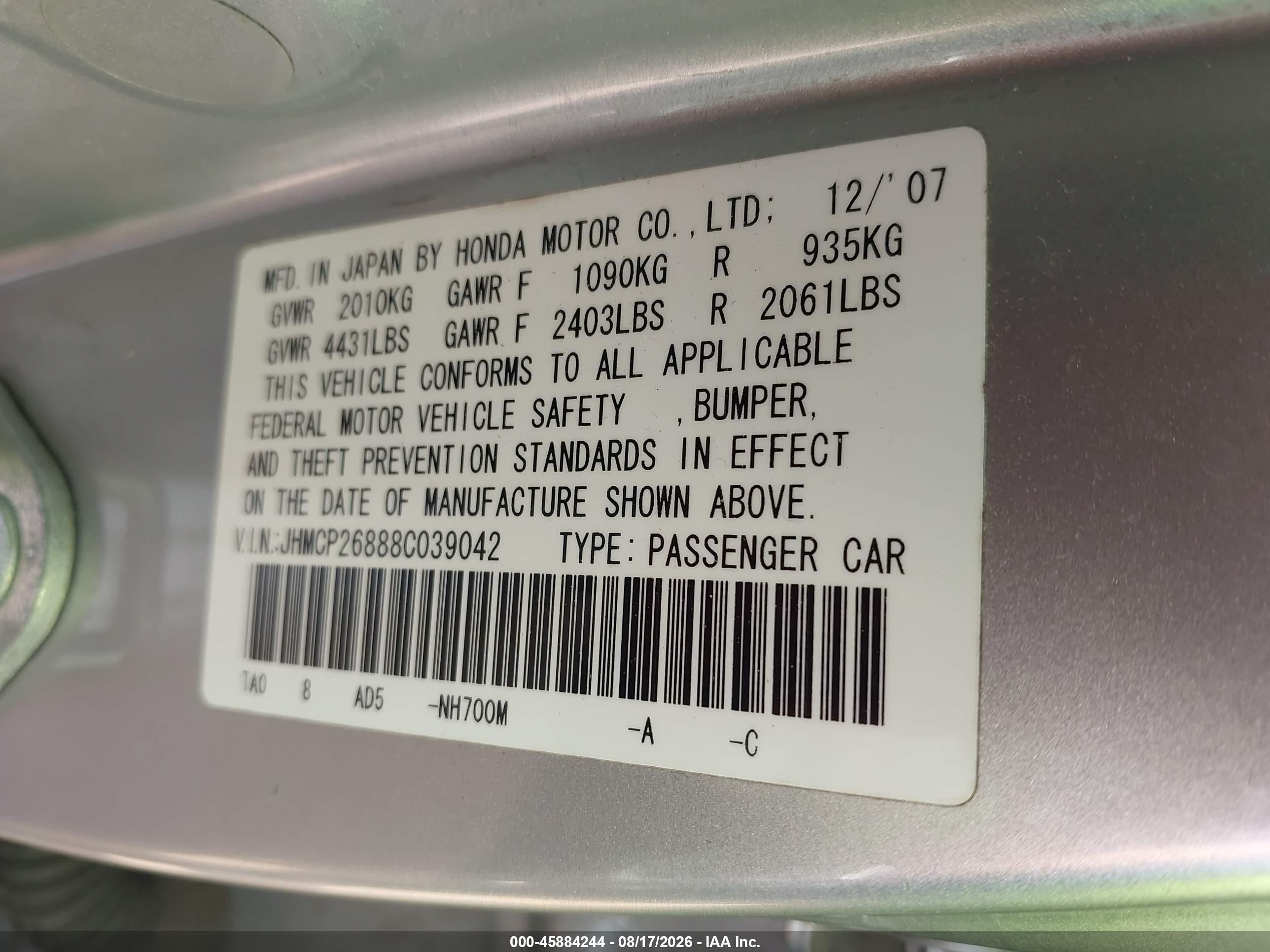 2008 Honda Accord Exl Silver vin: JHMCP26888C039042