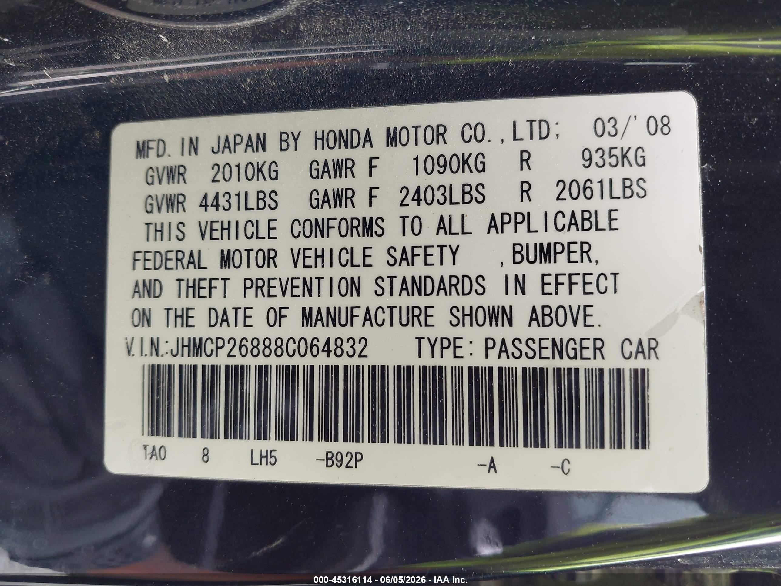 2008 Honda Accord 2.4 Ex-l Black vin: JHMCP26888C064832