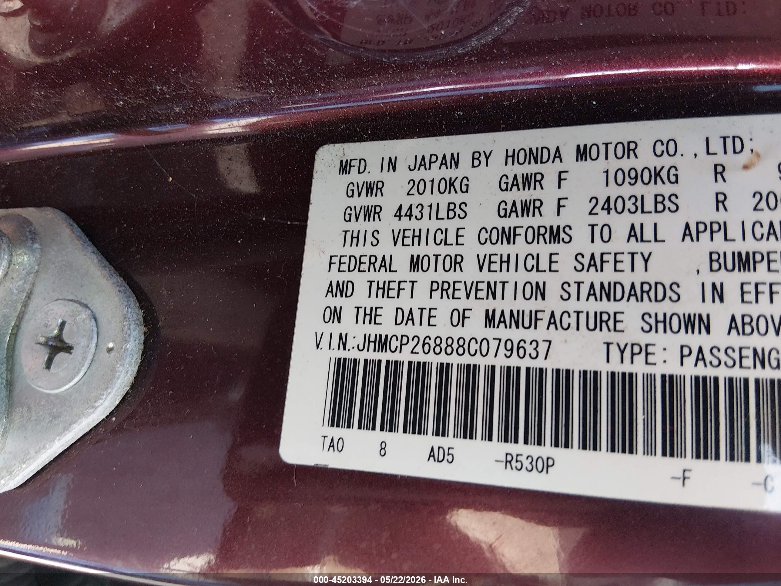 2008 Honda Accord 2.4 Ex-l Maroon vin: JHMCP26888C079637