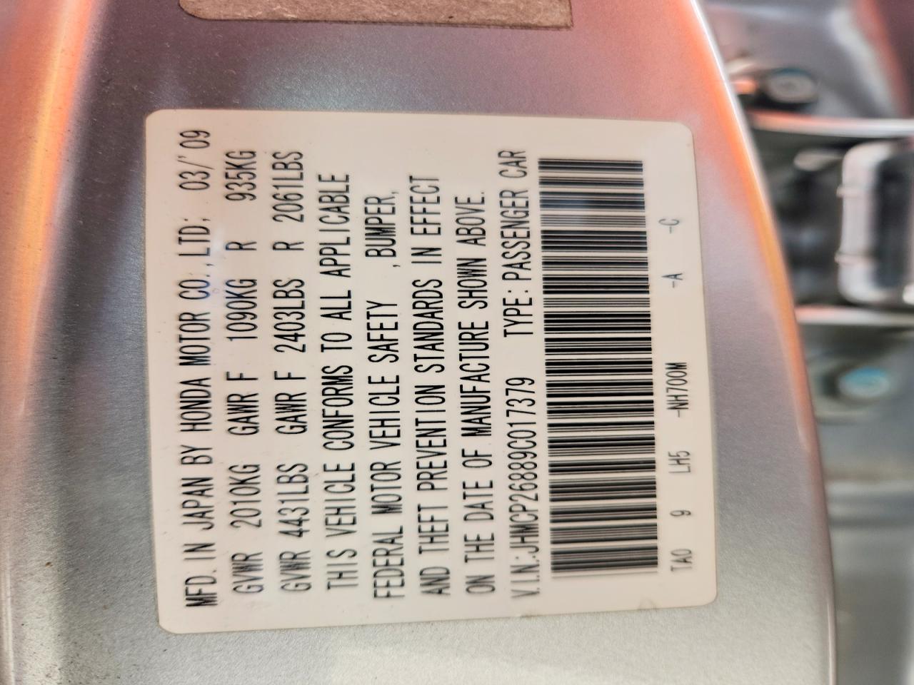 2009 Honda Accord Exl Silver vin: JHMCP26889C017379