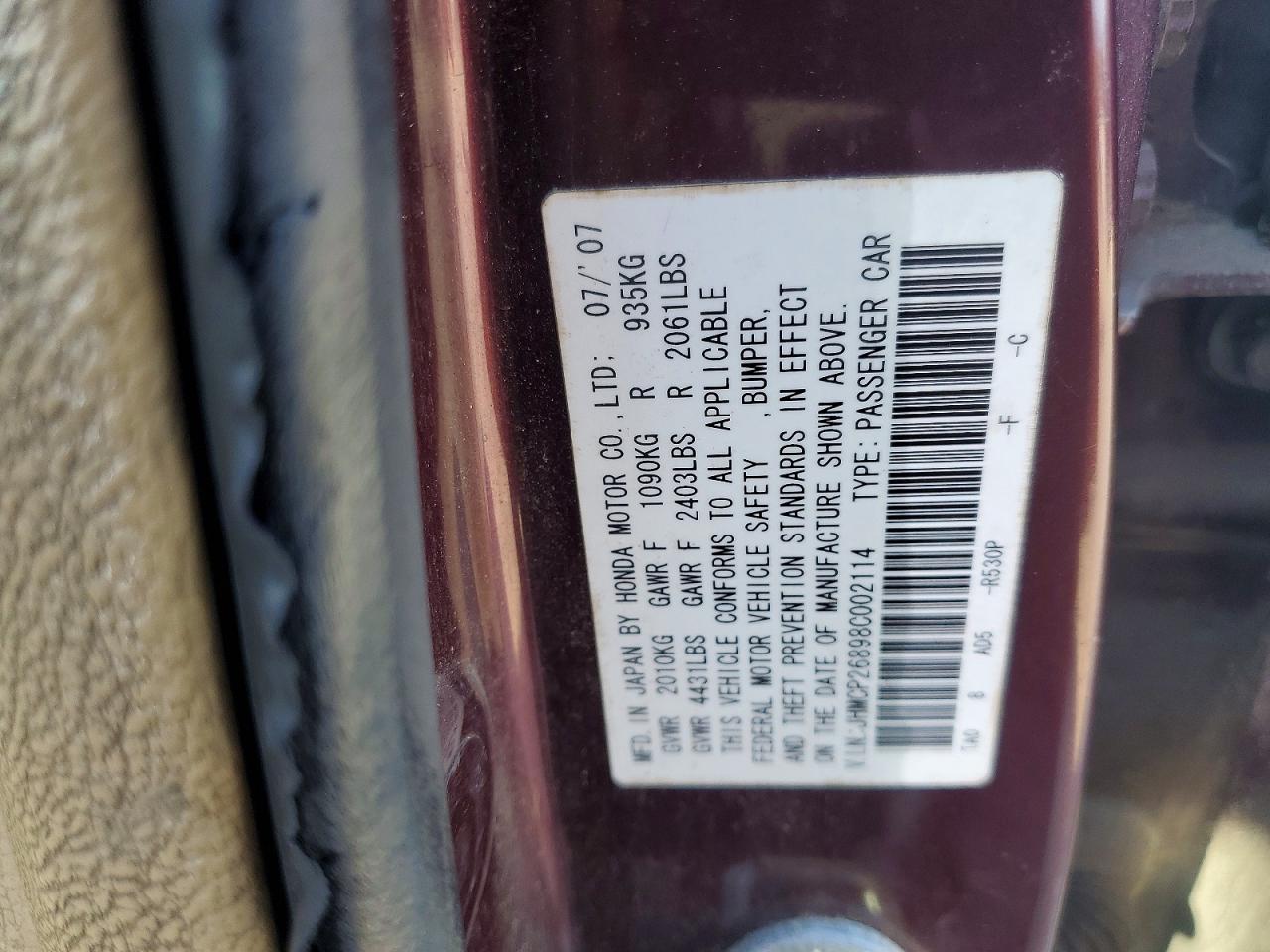 2008 Honda Accord Exl Burgundy vin: JHMCP26898C002114