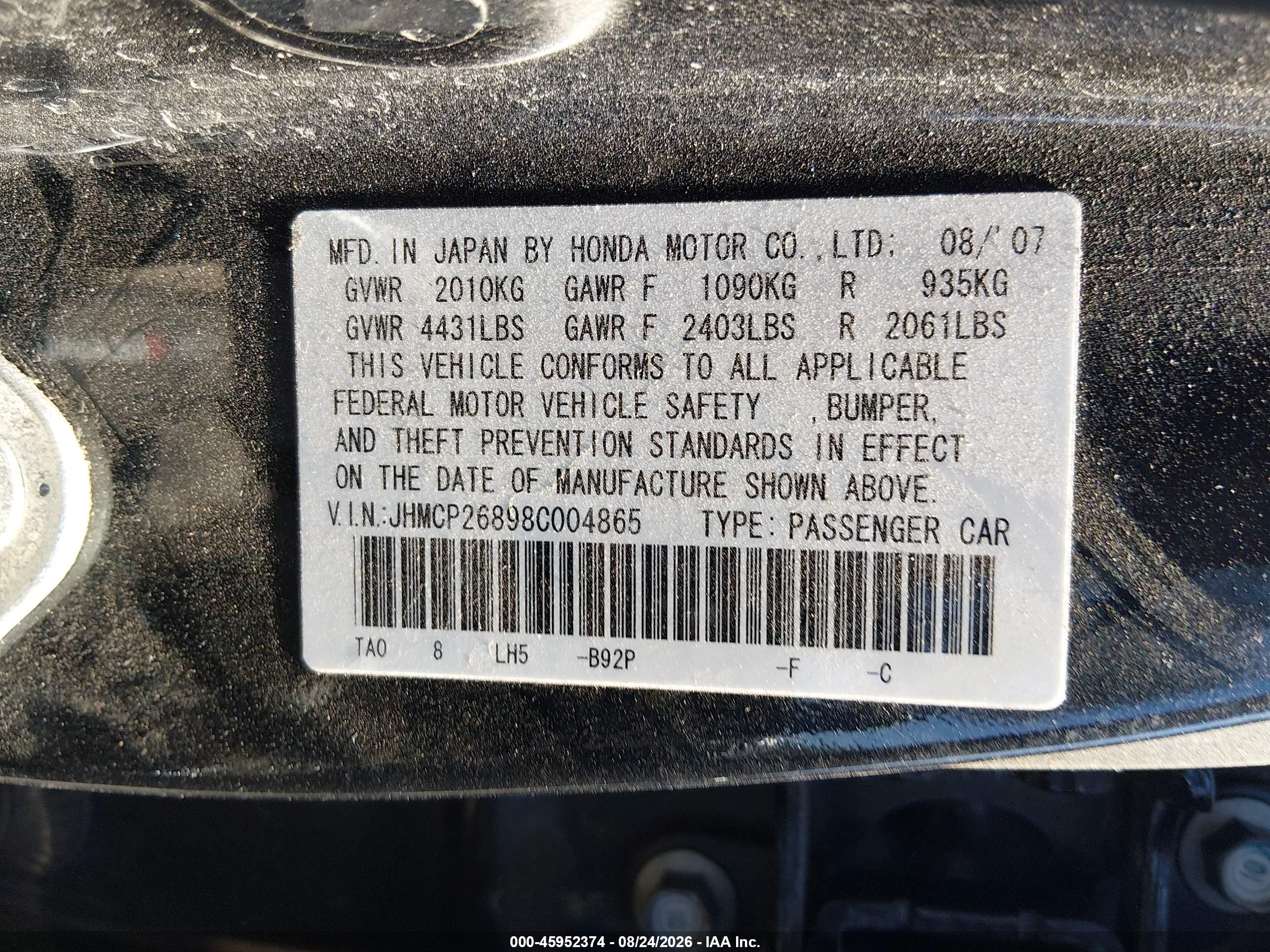 2008 Honda Accord 2.4 Ex-l Black vin: JHMCP26898C004865