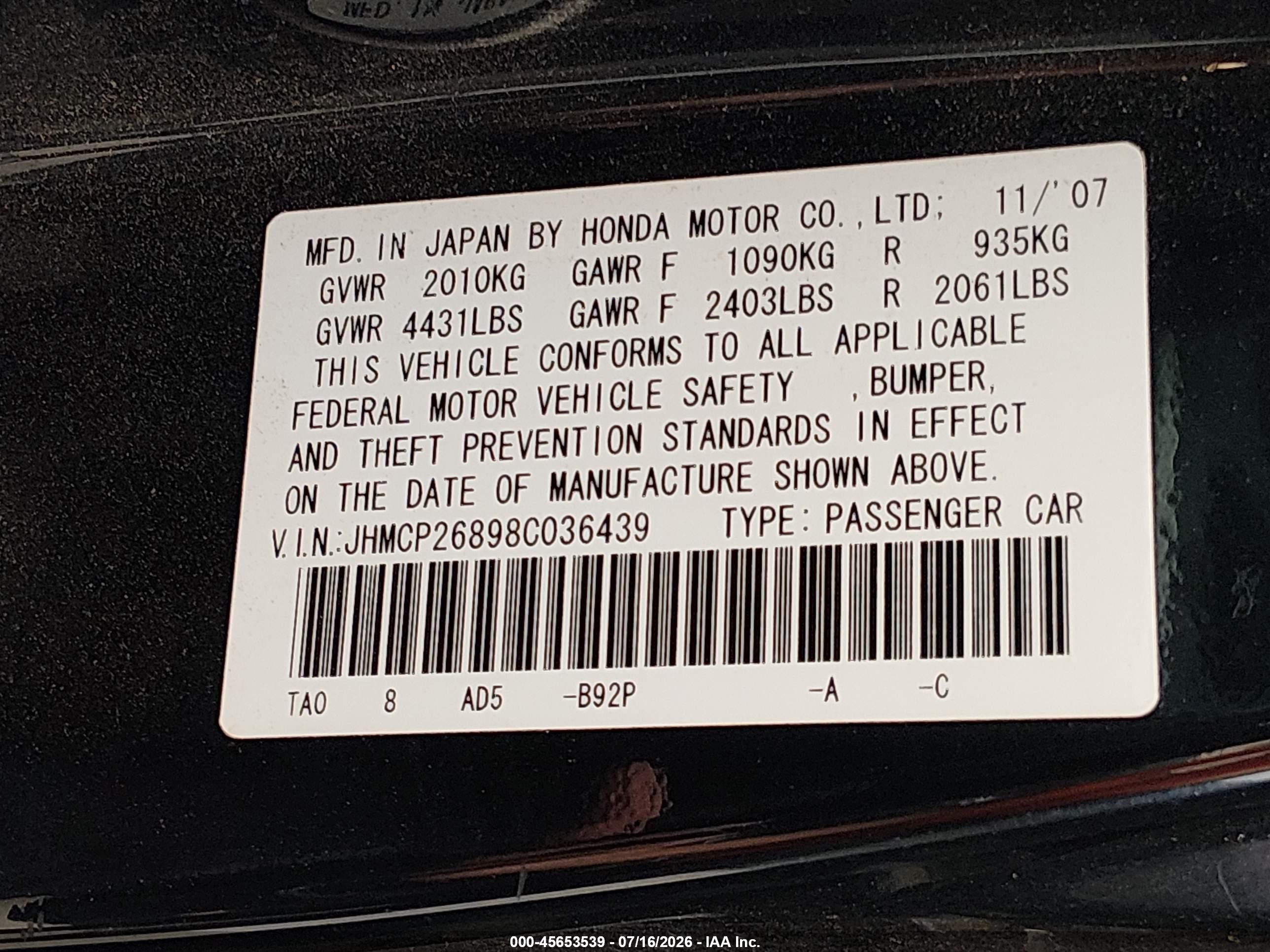 2008 Honda Accord 2.4 Ex-l Black vin: JHMCP26898C036439