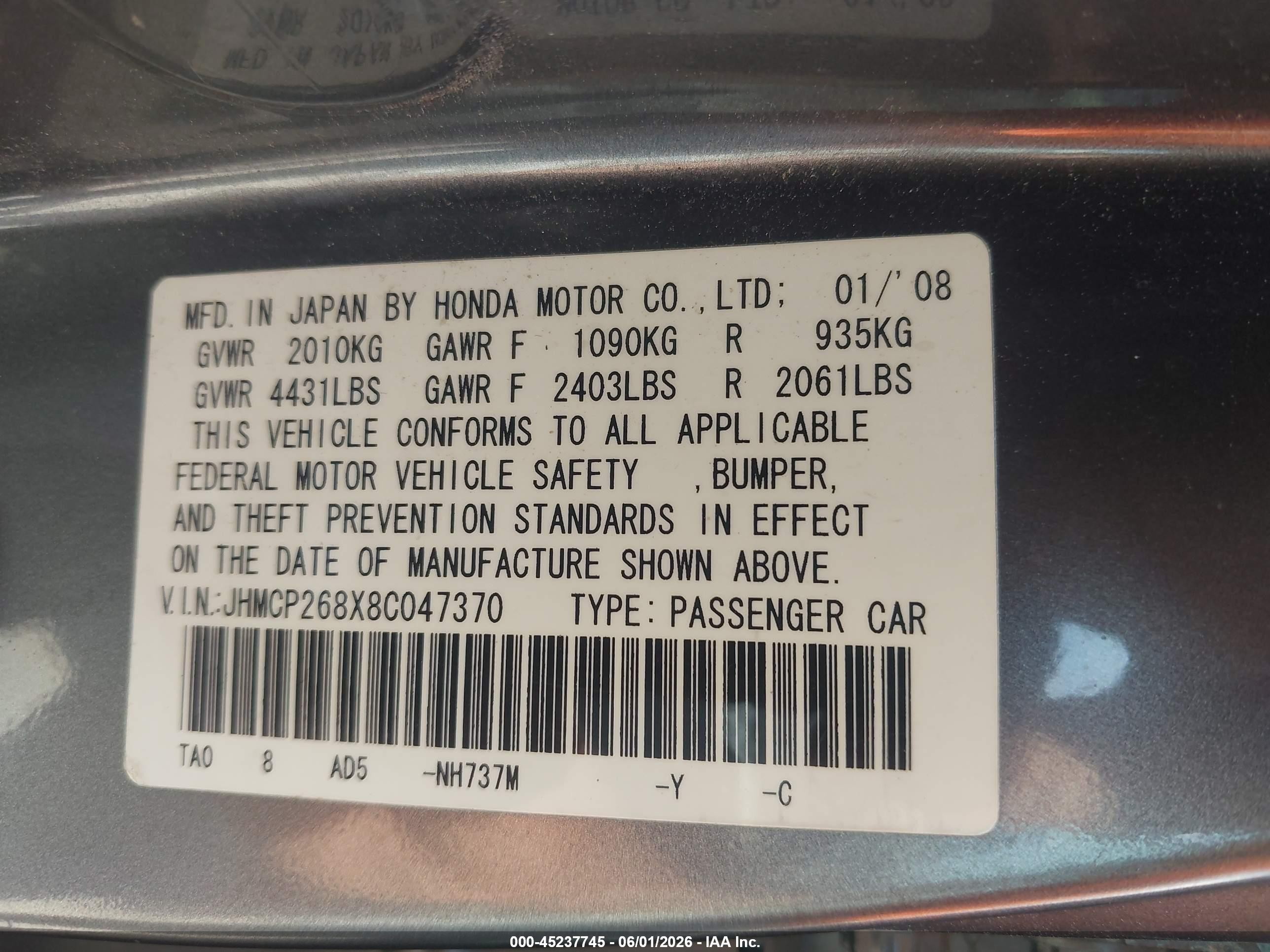 2008 Honda Accord 2.4 Ex-l Gray vin: JHMCP268X8C047370