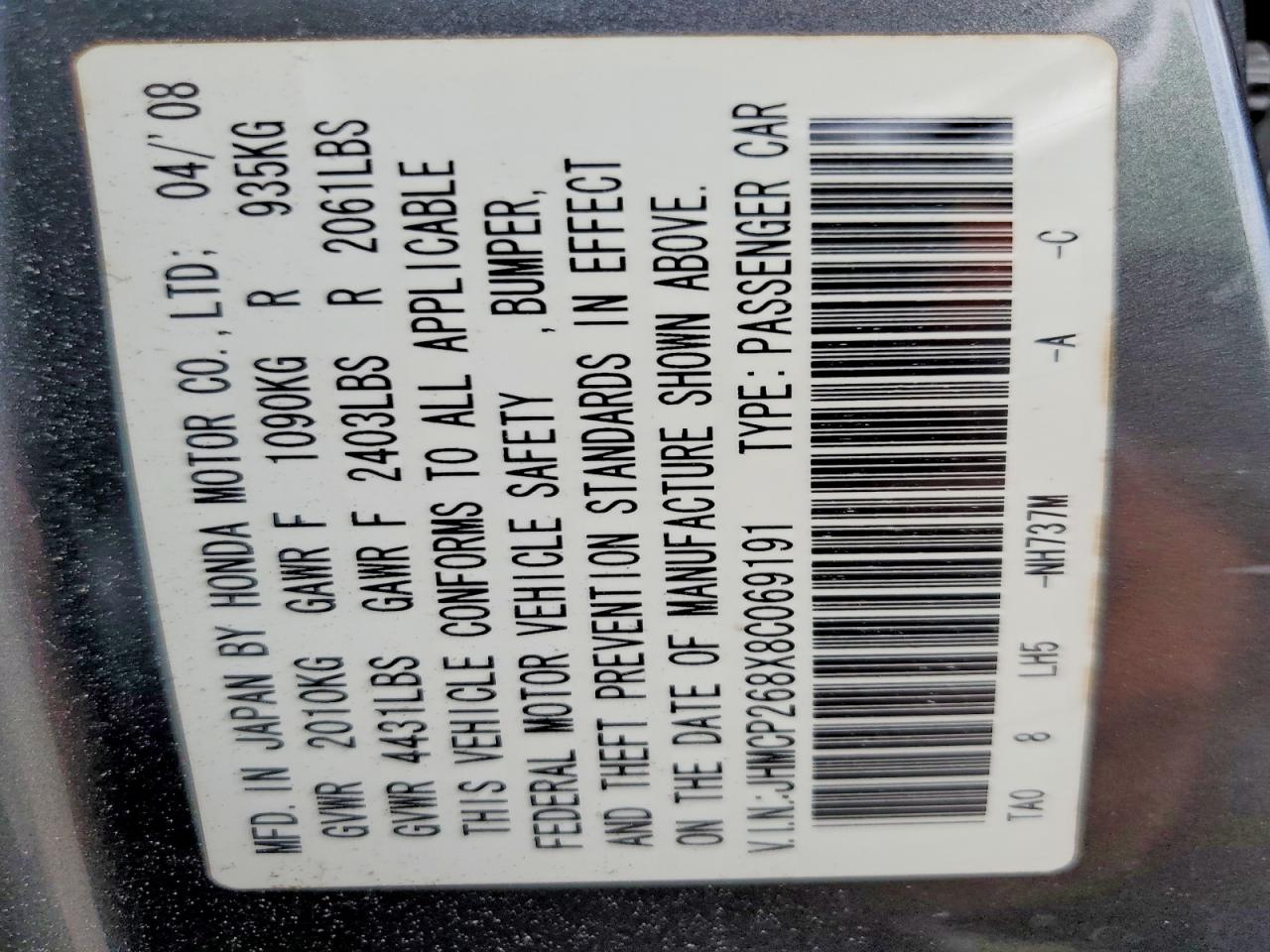 2008 Honda Accord Exl Gray vin: JHMCP268X8C069191
