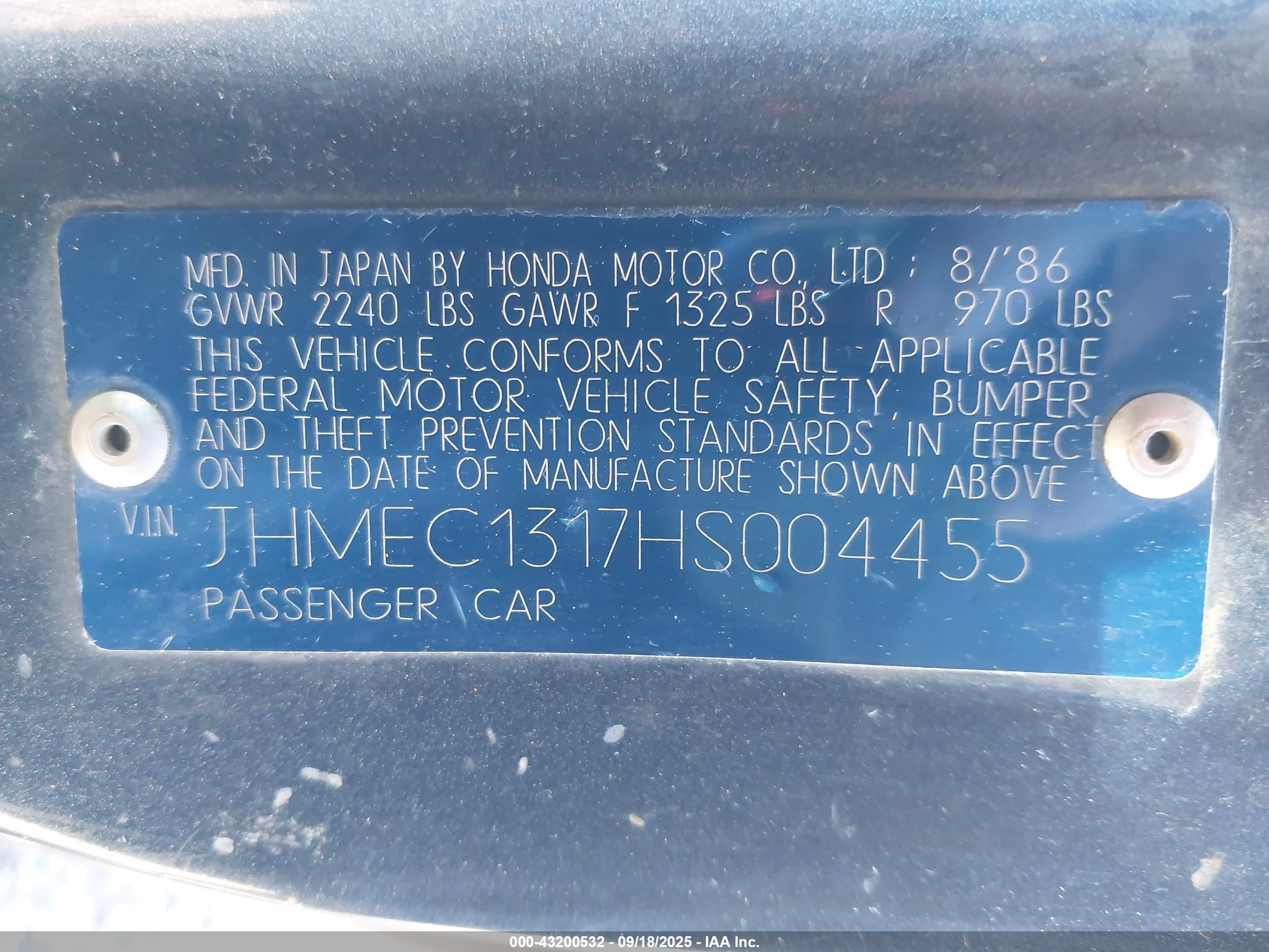 1987 Honda Civic Crx 1.5 Hf Blue vin: JHMEC1317HS004455