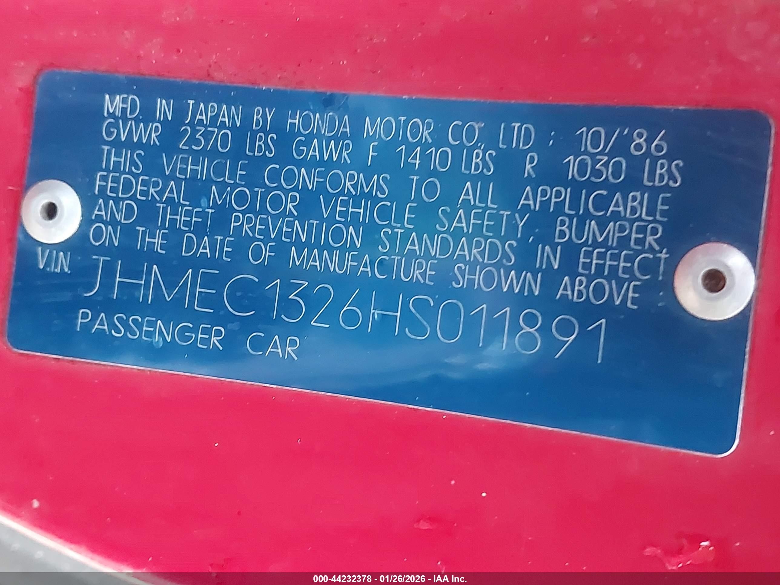 1987 Honda Civic 1500 Crx Red vin: JHMEC1326HS011891