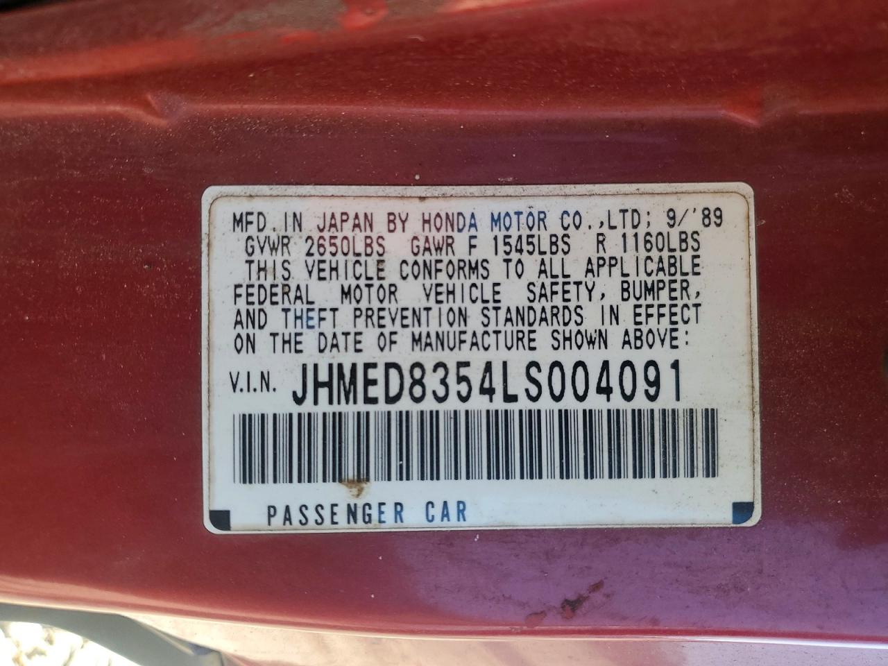 1990 Honda Civic Lx Burgundy vin: JHMED8354LS004091