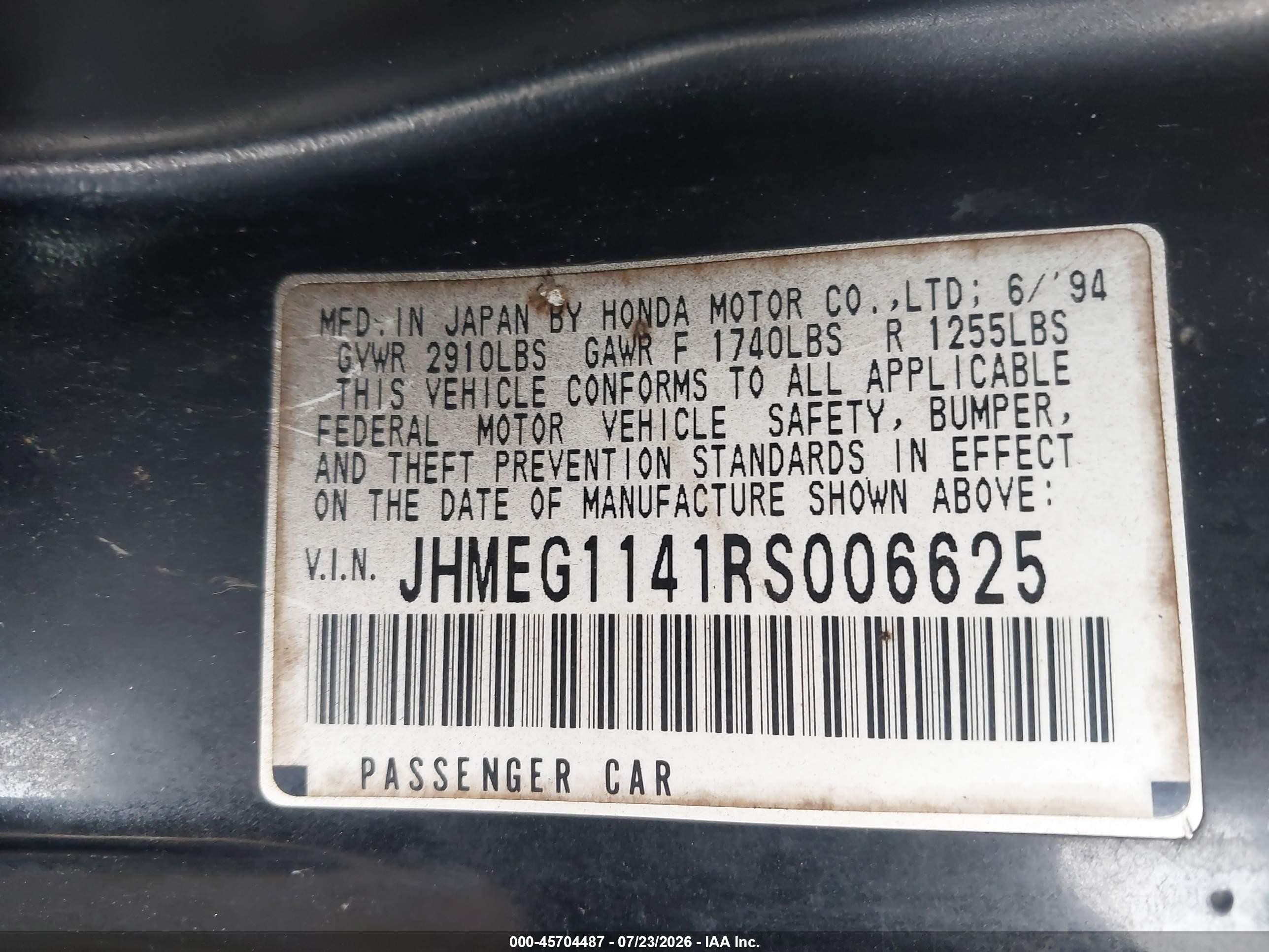 1994 Honda Civic Del Sol S Blue vin: JHMEG1141RS006625