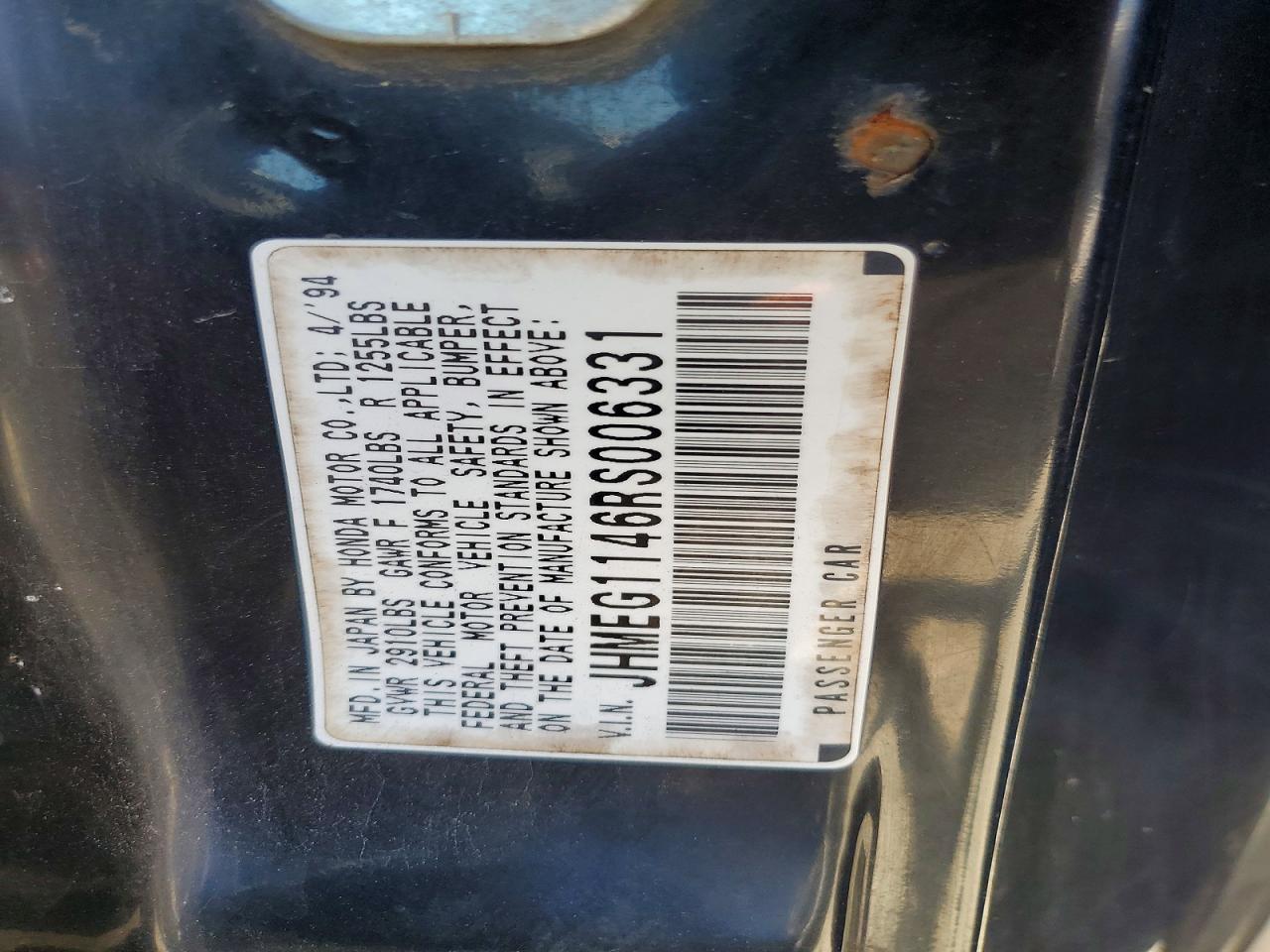 1994 Honda Civic Del Sol S Silver vin: JHMEG1146RS006331