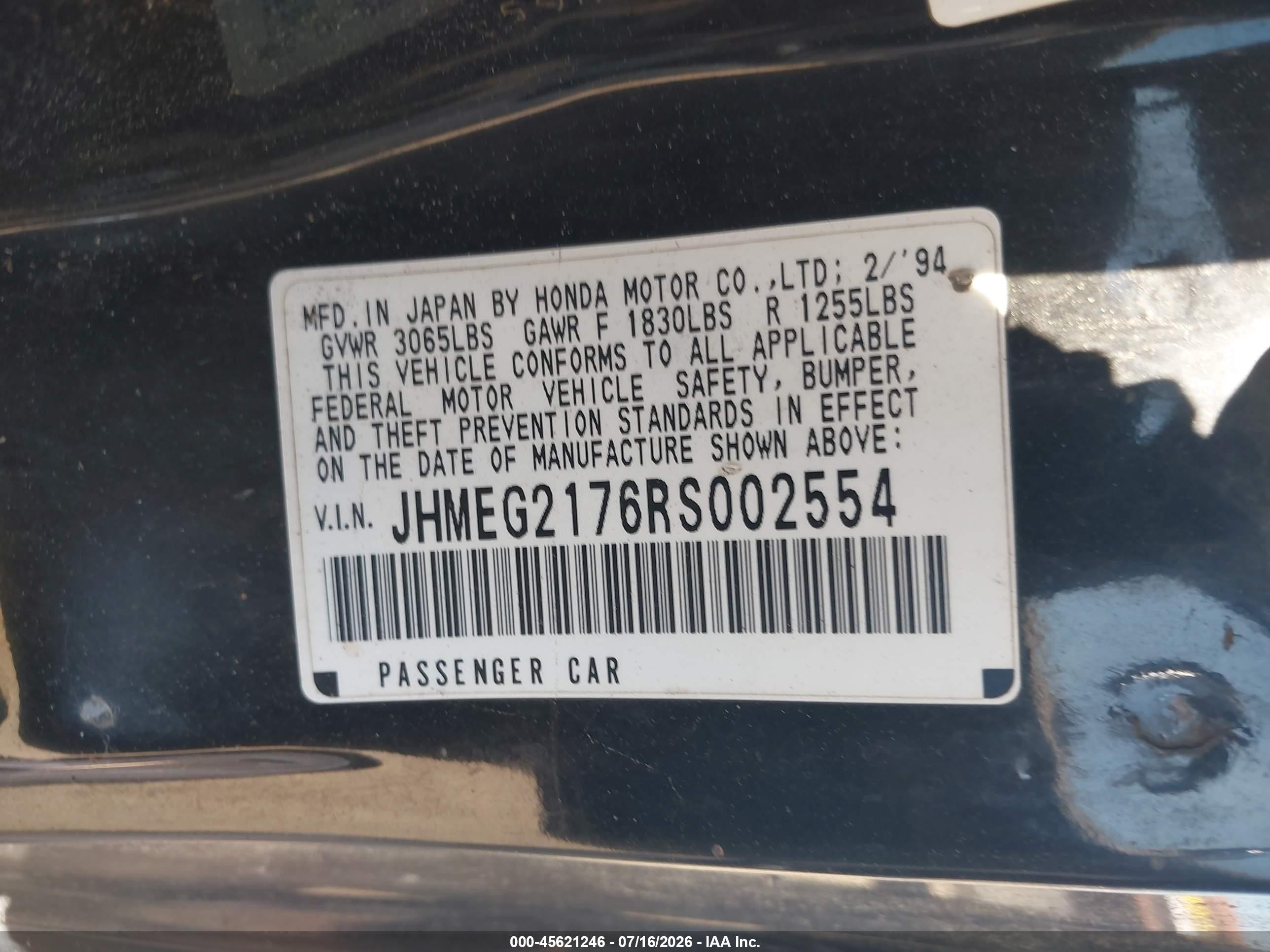 1994 Honda Civic Del Sol Black vin: JHMEG2176RS002554
