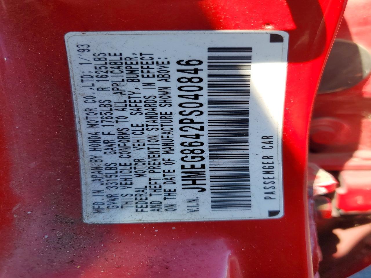 1993 Honda Civic Dx Red vin: JHMEG8642PS040846