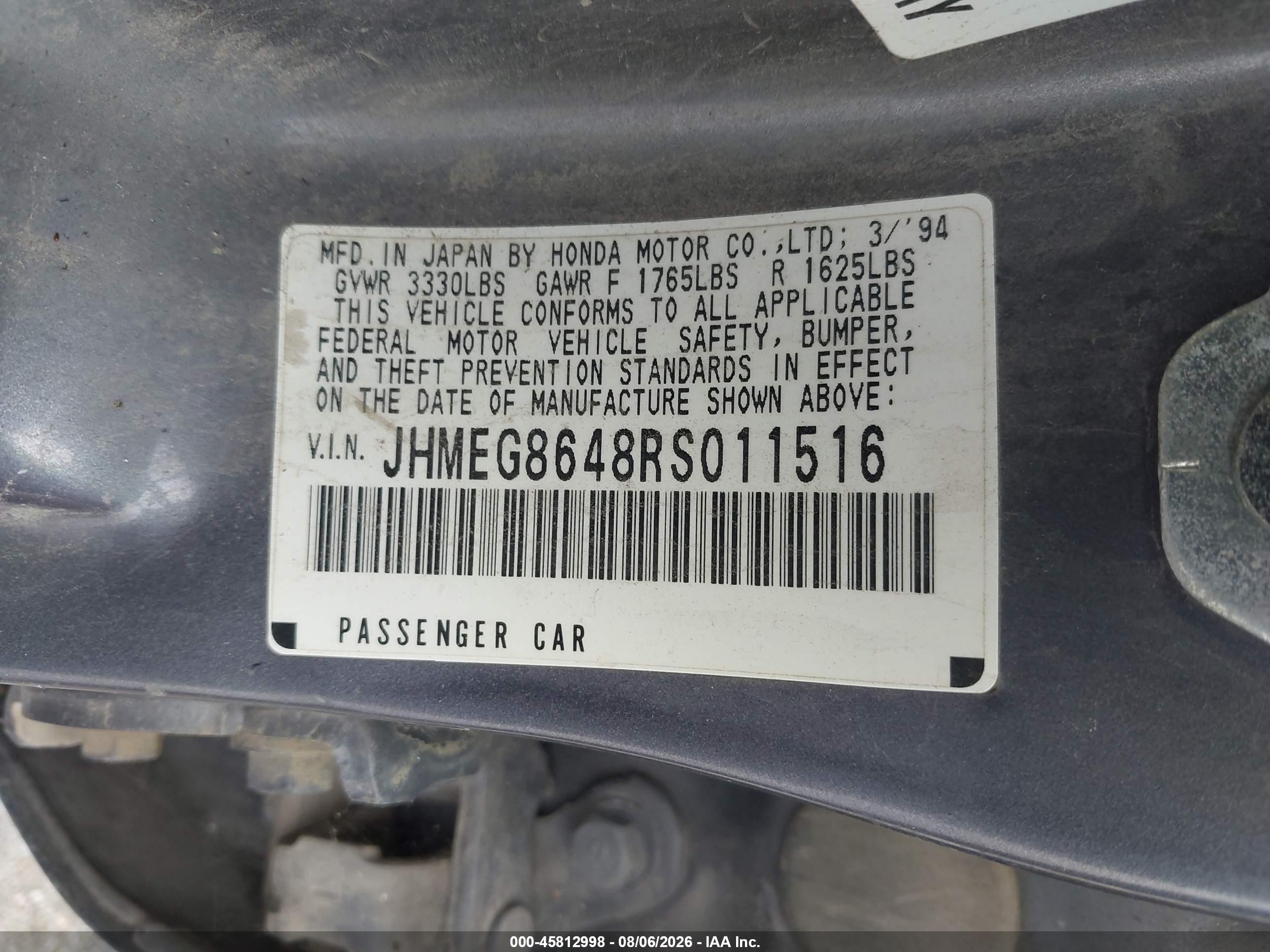 1994 Honda Civic Dx/lx/se Blue vin: JHMEG8648RS011516