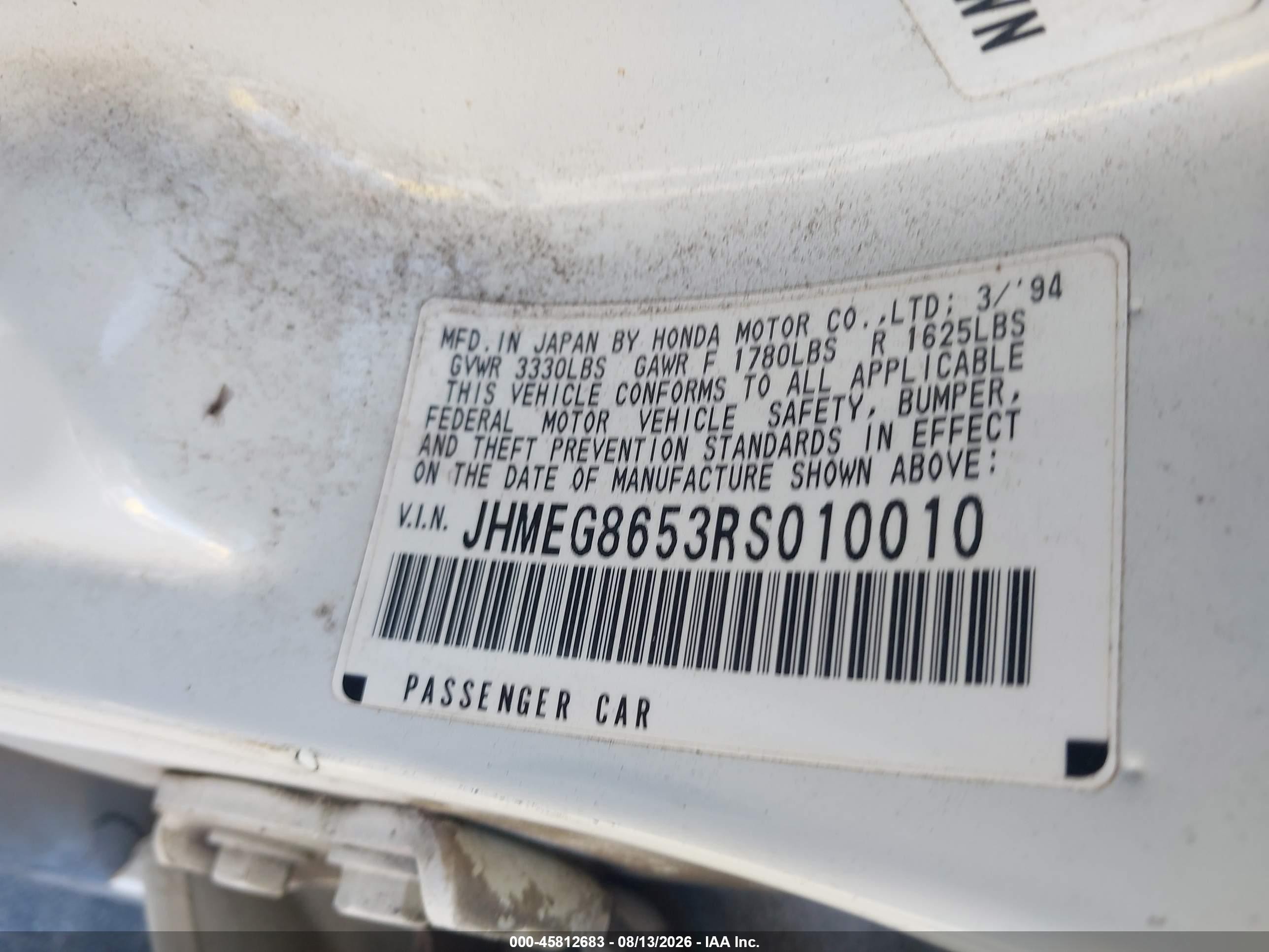 1994 Honda Civic Lx White vin: JHMEG8653RS010010