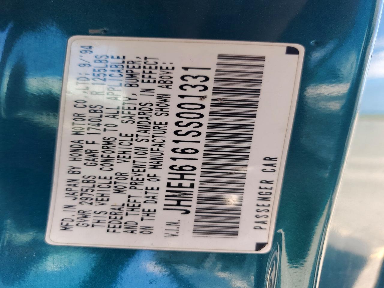 1995 Honda Civic Del Sol Si Teal vin: JHMEH6161SS001331
