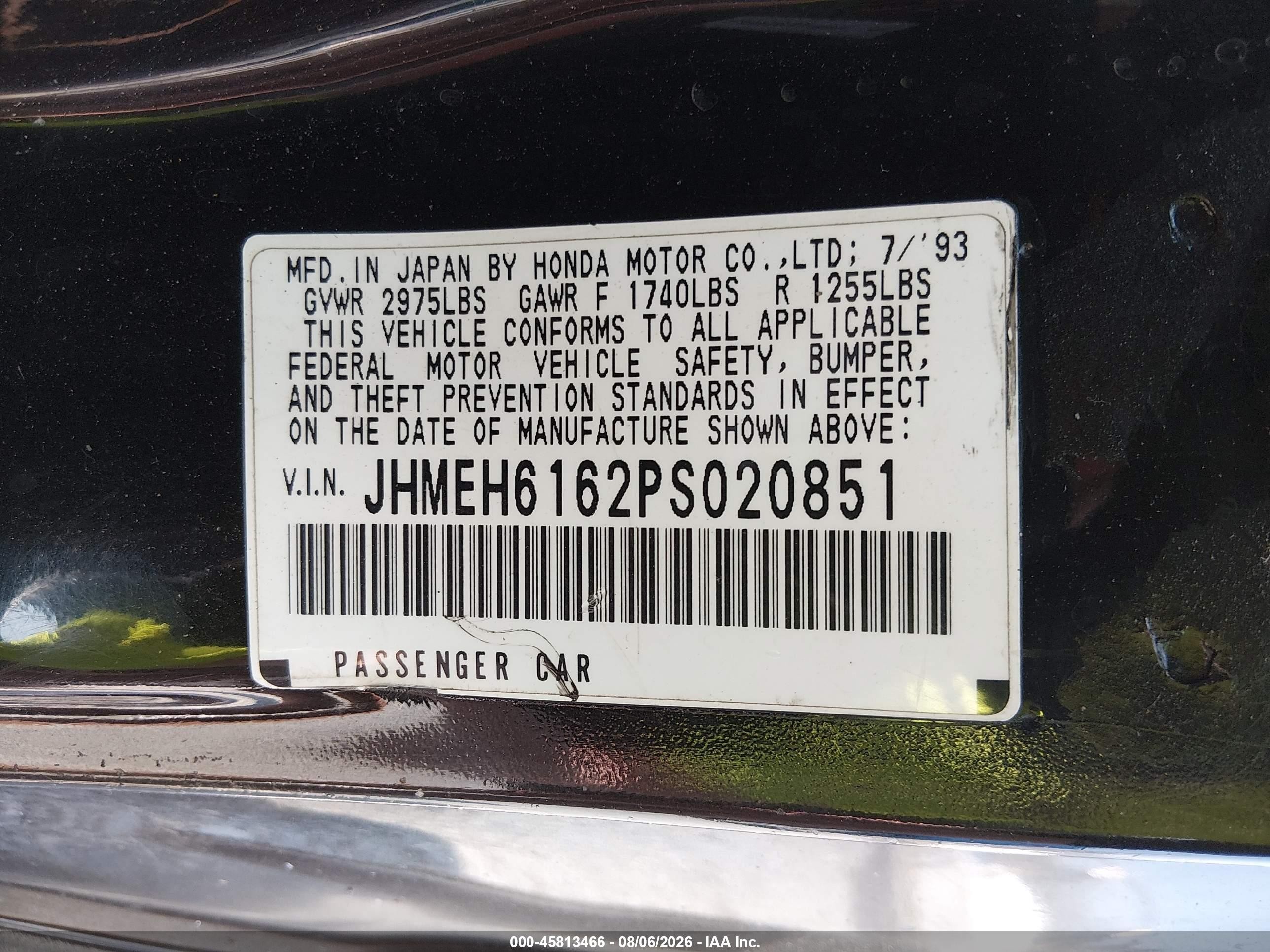 1993 Honda Civic Del Sol Si Black vin: JHMEH6162PS020851