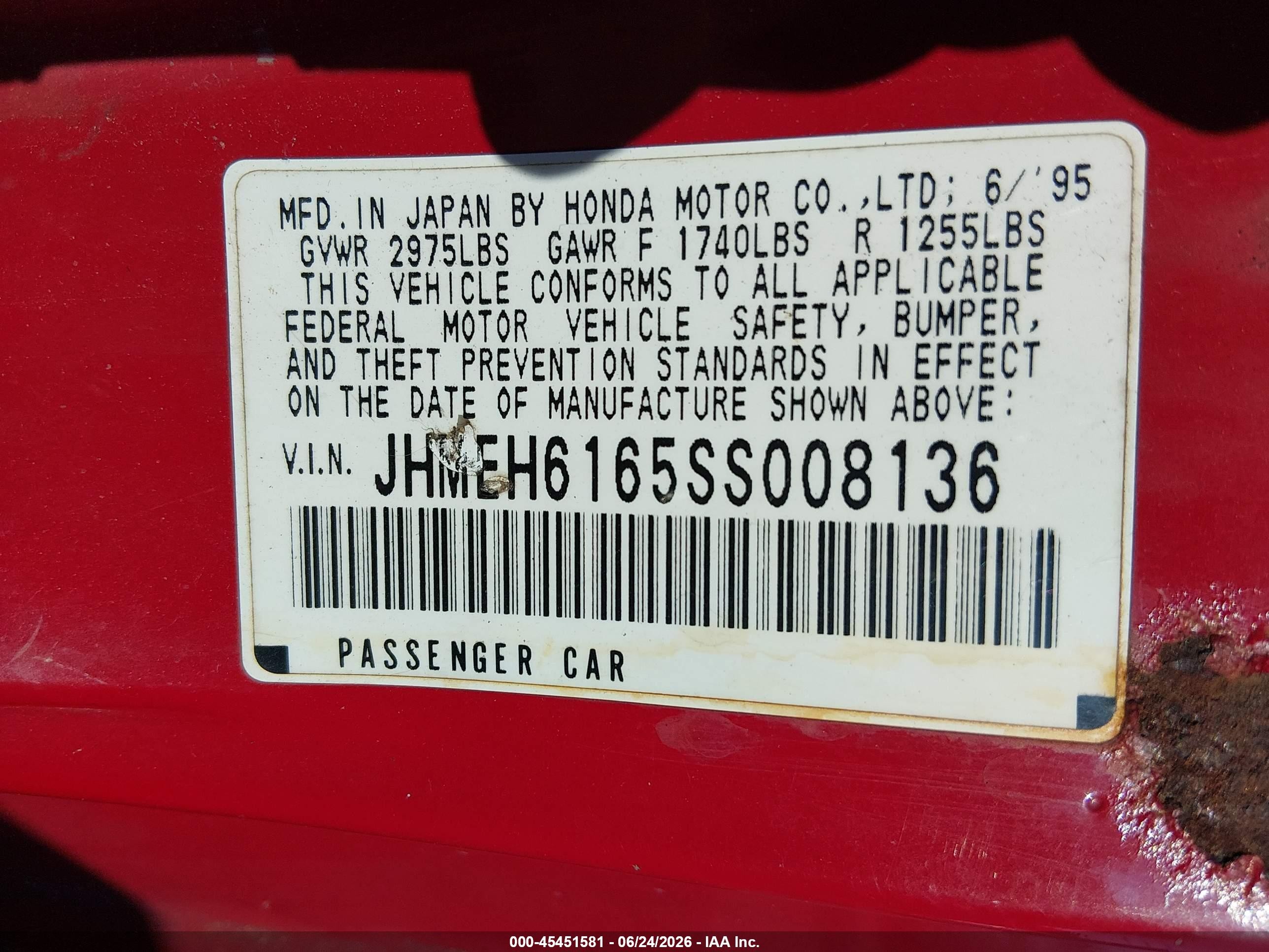 1995 Honda Civic Del Sol Si Red vin: JHMEH6165SS008136