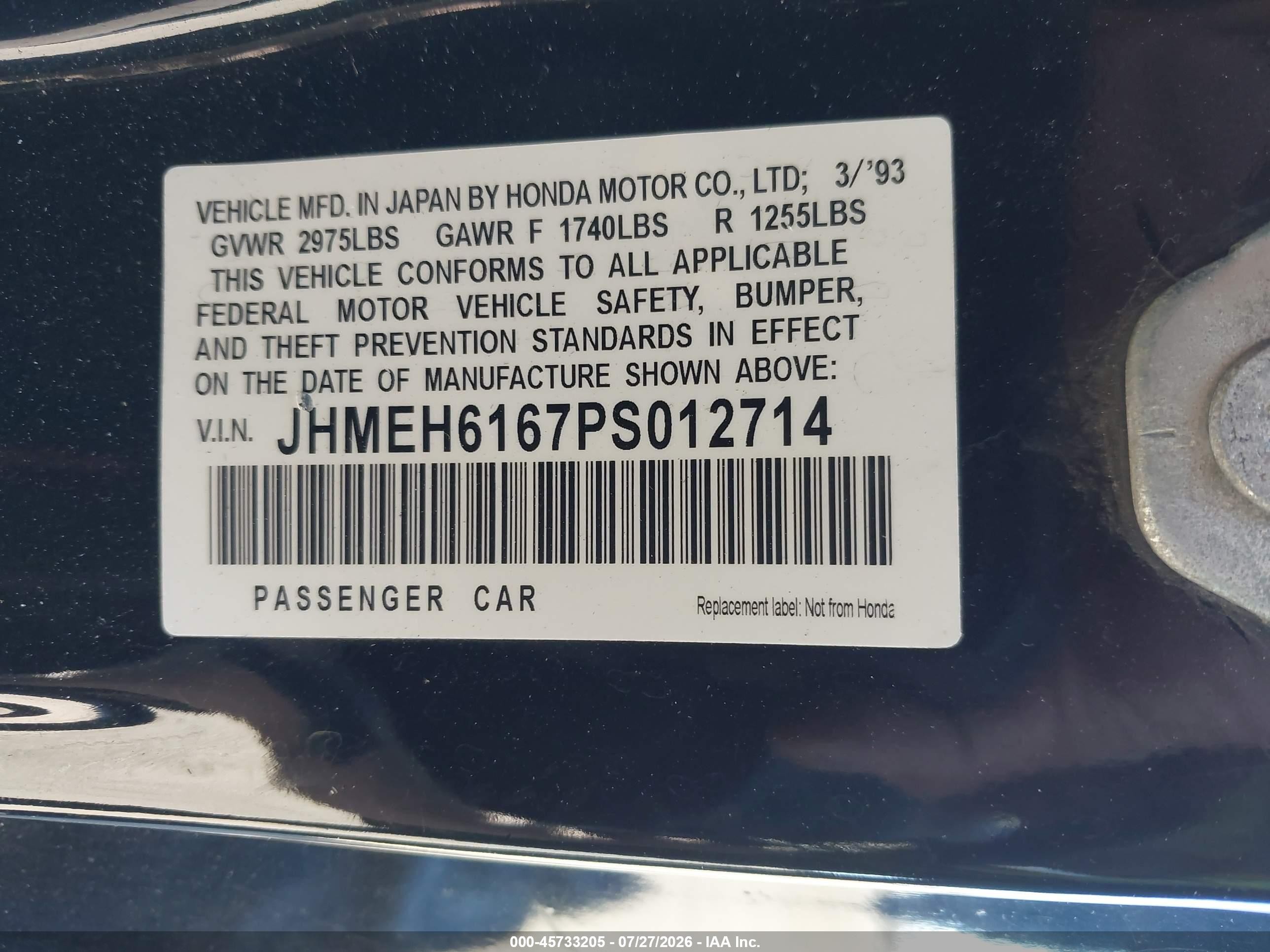 1993 Honda Civic Del Sol Si Black vin: JHMEH6167PS012714
