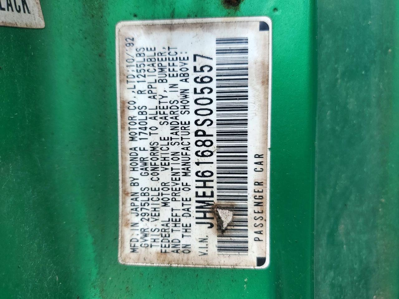 1993 Honda Civic Del Sol Si Green vin: JHMEH6168PS005657
