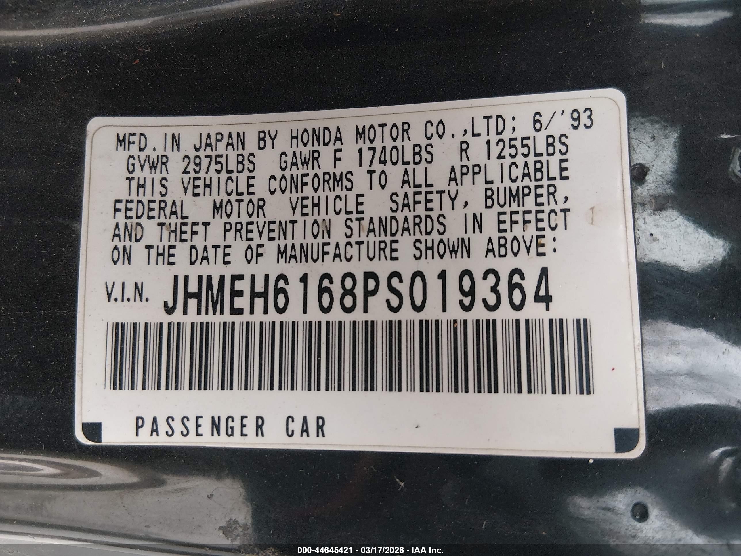 1993 Honda Civic Del Sol Si Black vin: JHMEH6168PS019364