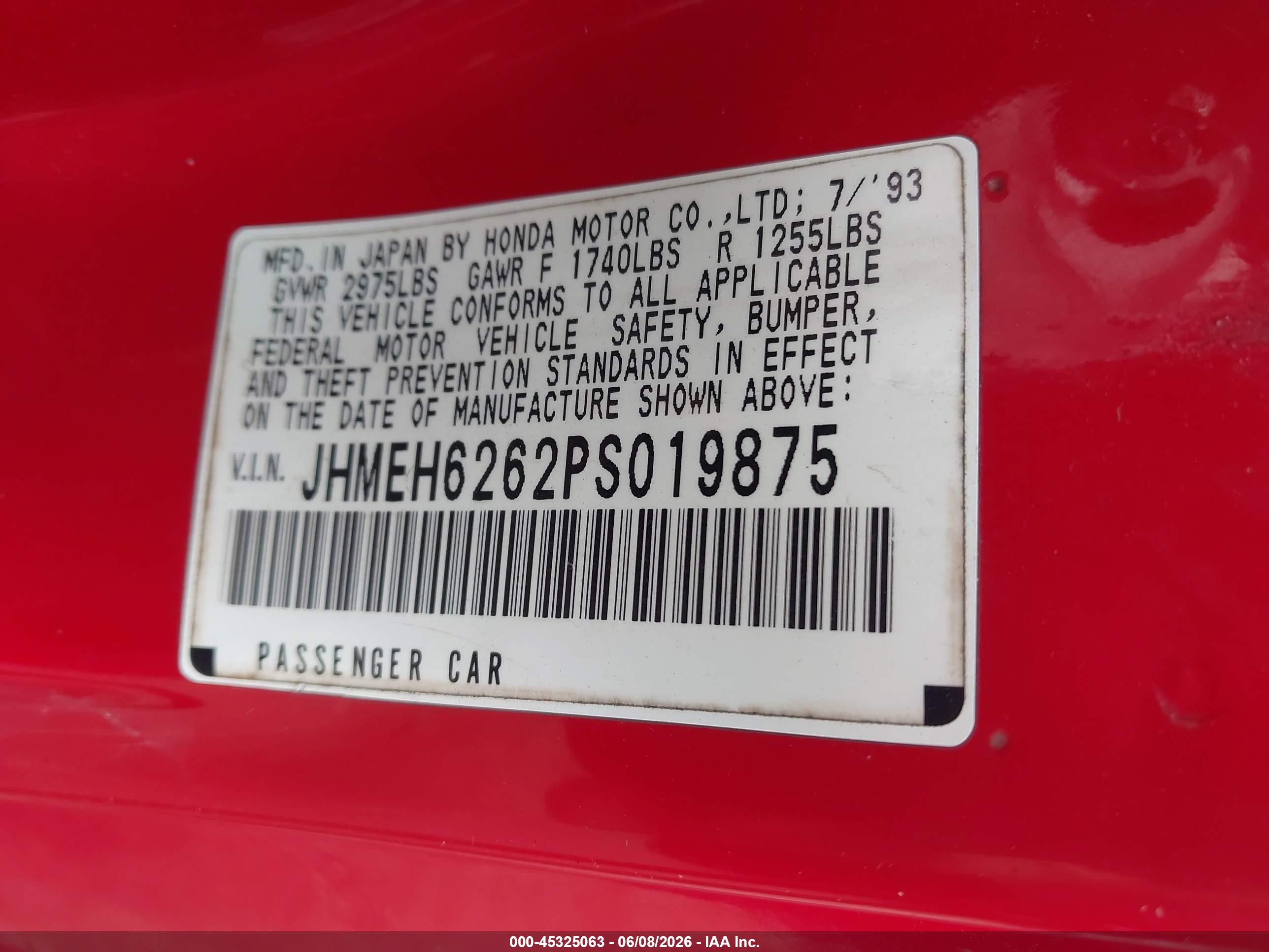 1993 Honda Civic Del Sol Si Red vin: JHMEH6262PS019875
