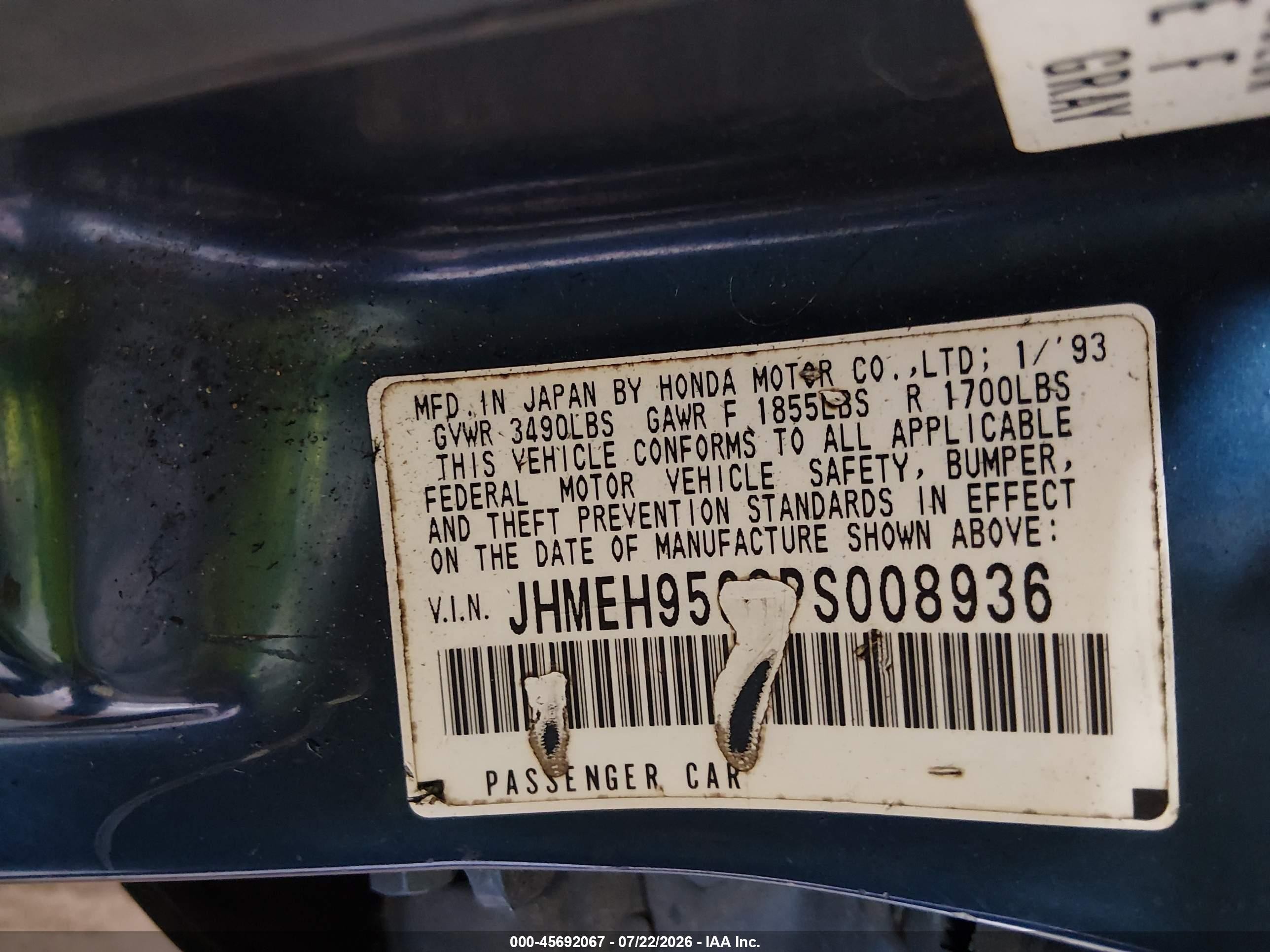1993 Honda Civic Ex/ex-v Blue vin: JHMEH9598PS008936