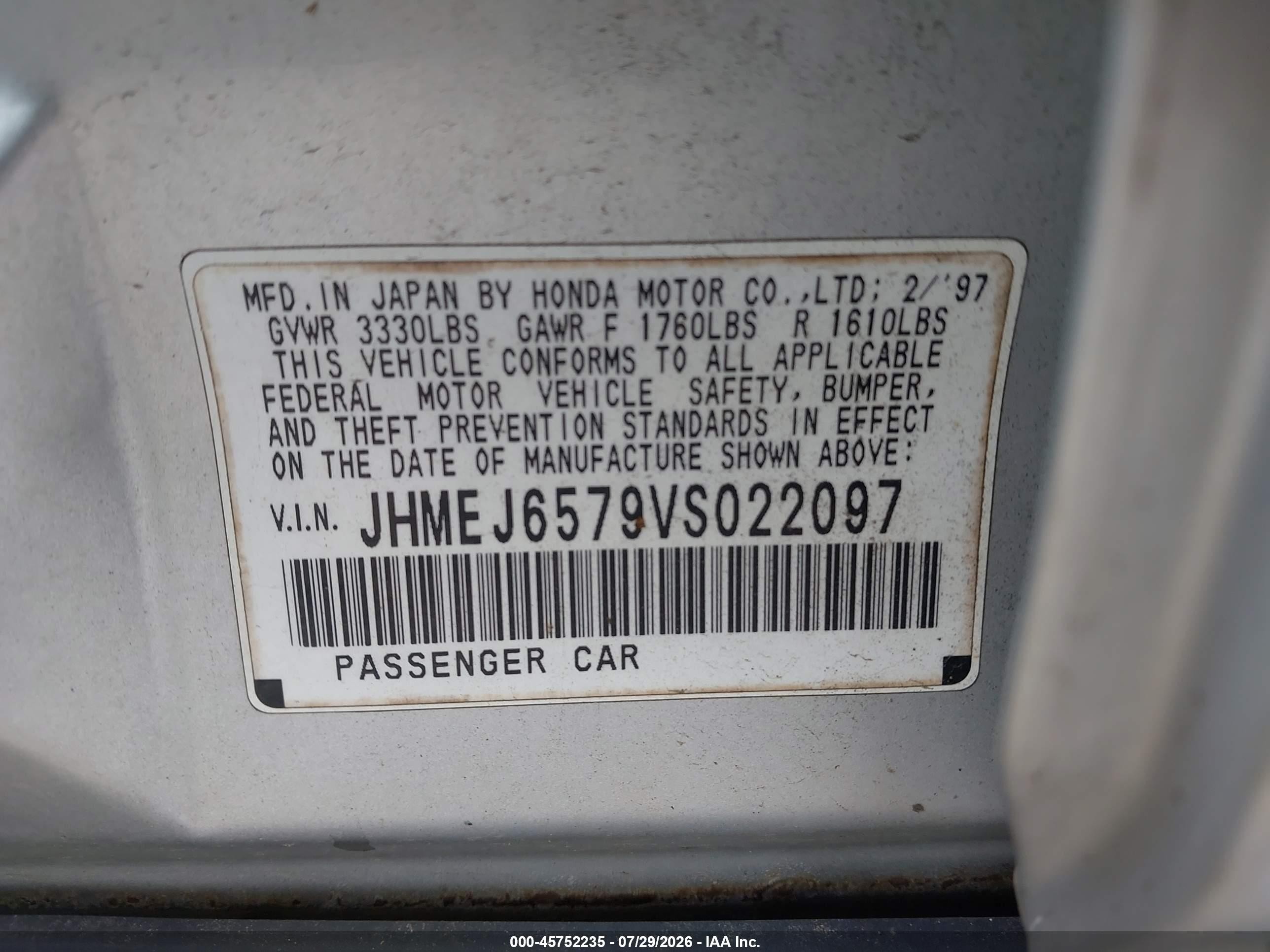 1997 Honda Civic Lx Серебряный vin: JHMEJ6579VS022097